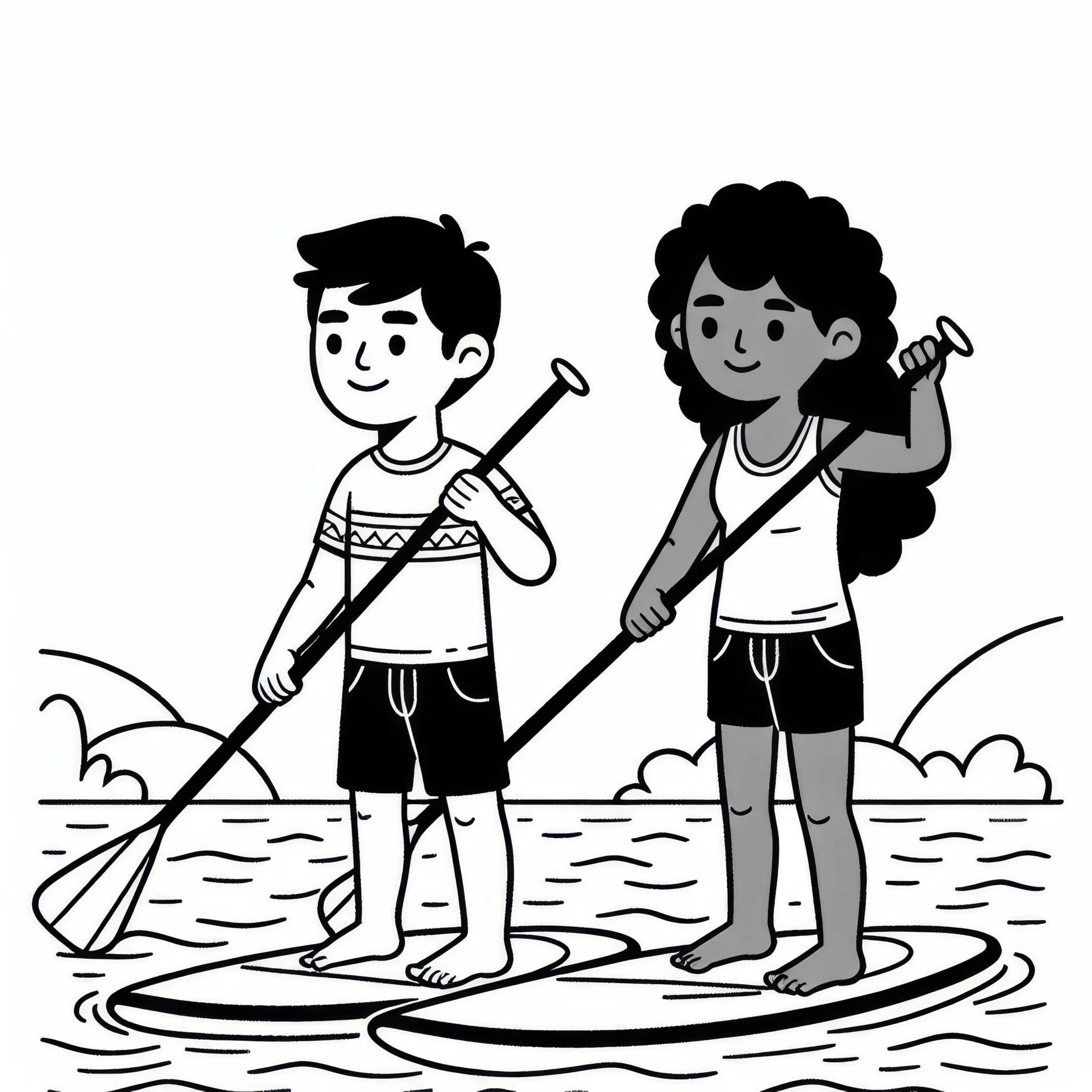 Freunde paddeln beim Stand-up-Paddling nebeneinander auf dem See – Malvorlage gratis (Ausmalbild)