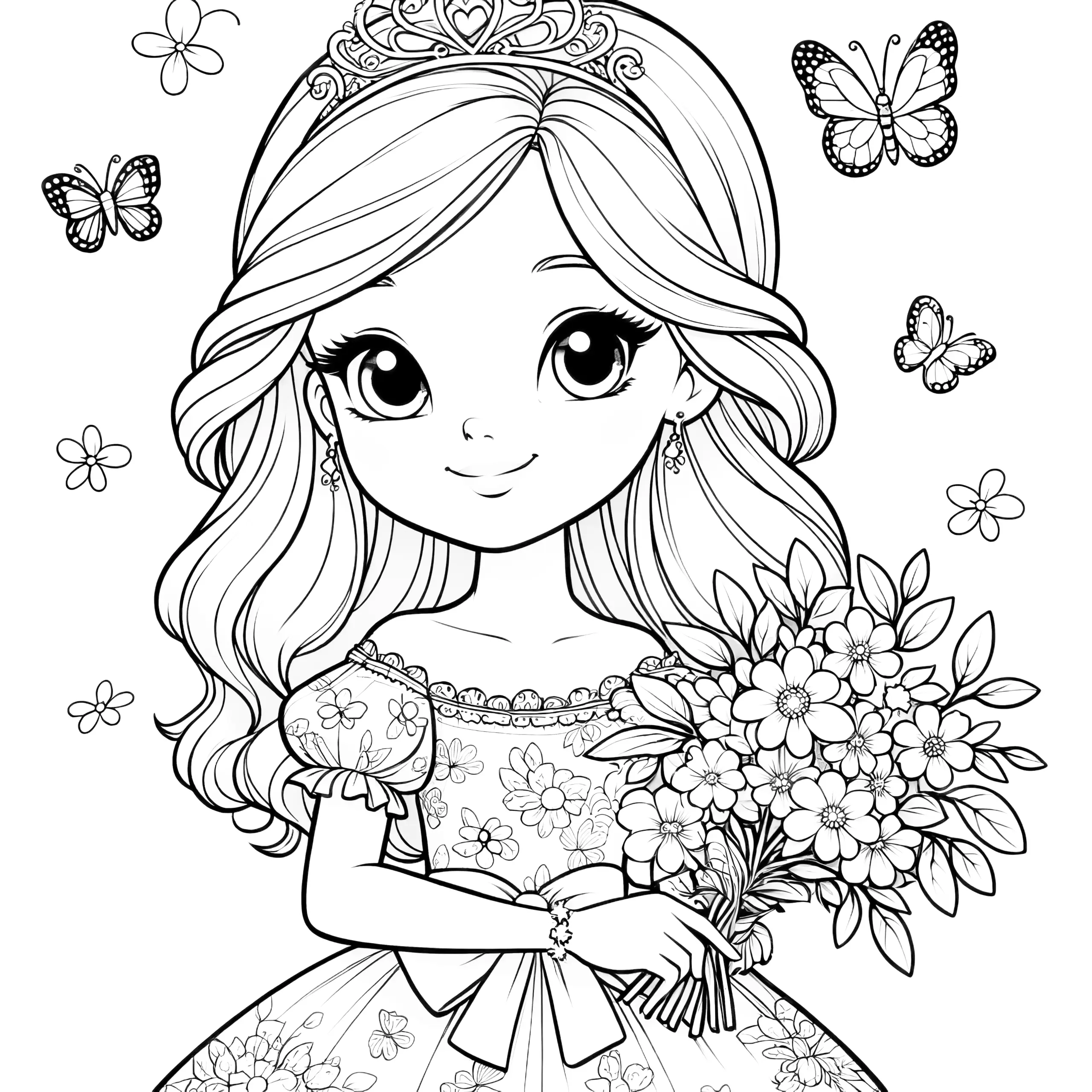 Freundliche Prinzessin mit Schmetterlingen und Blumenstrauß (Ausmalbild)