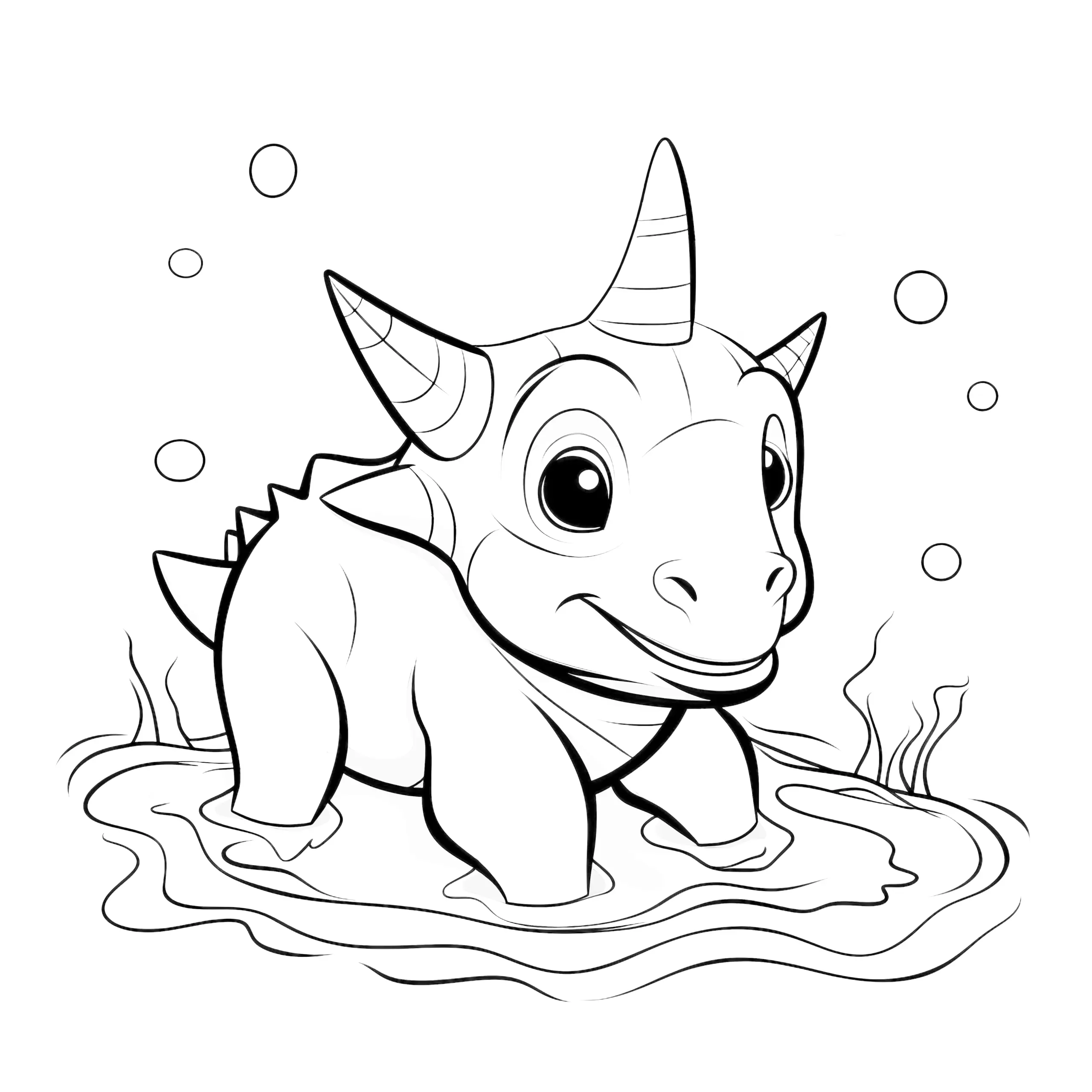 Freundlicher Dinosaurier planscht im Wasser (Ausmalbild)