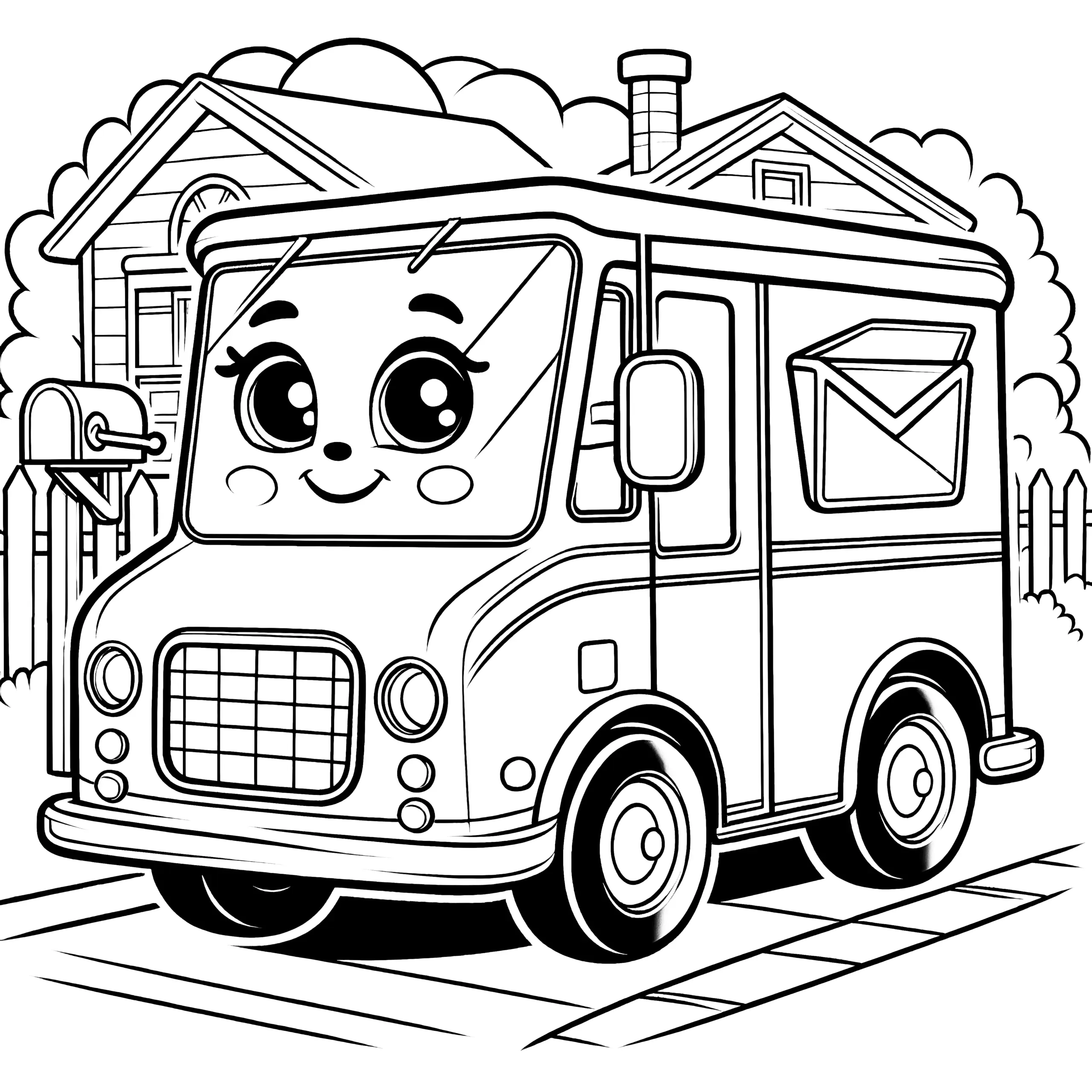 Freundlicher Lieferwagen mit Gesicht als Postauto: Einfaches Ausmalbild für Kinder (Kostenlos)