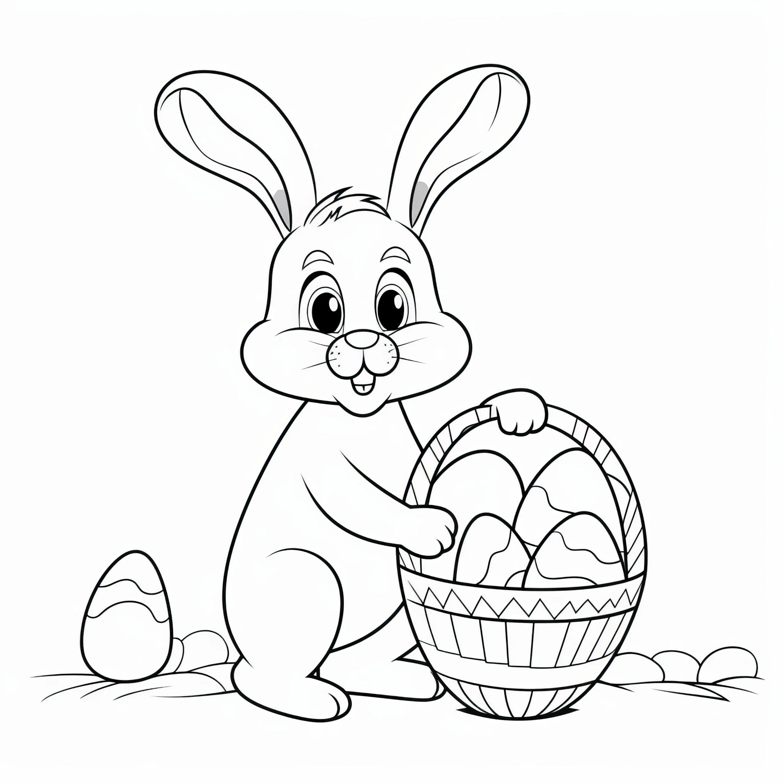 Freundlicher Osterhase mit Osterkorb: Einfaches Bild zum Ausmalen (Gratis) (Ausmalbild)