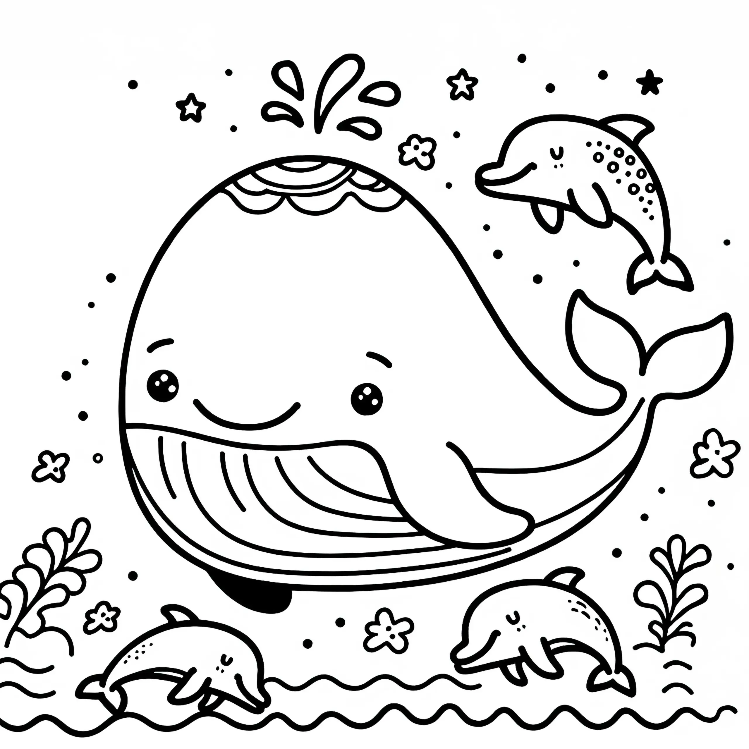 Freundlicher Wal mit Delfinen: Einfache Malvorlage (Kostenlos) (Ausmalbild)