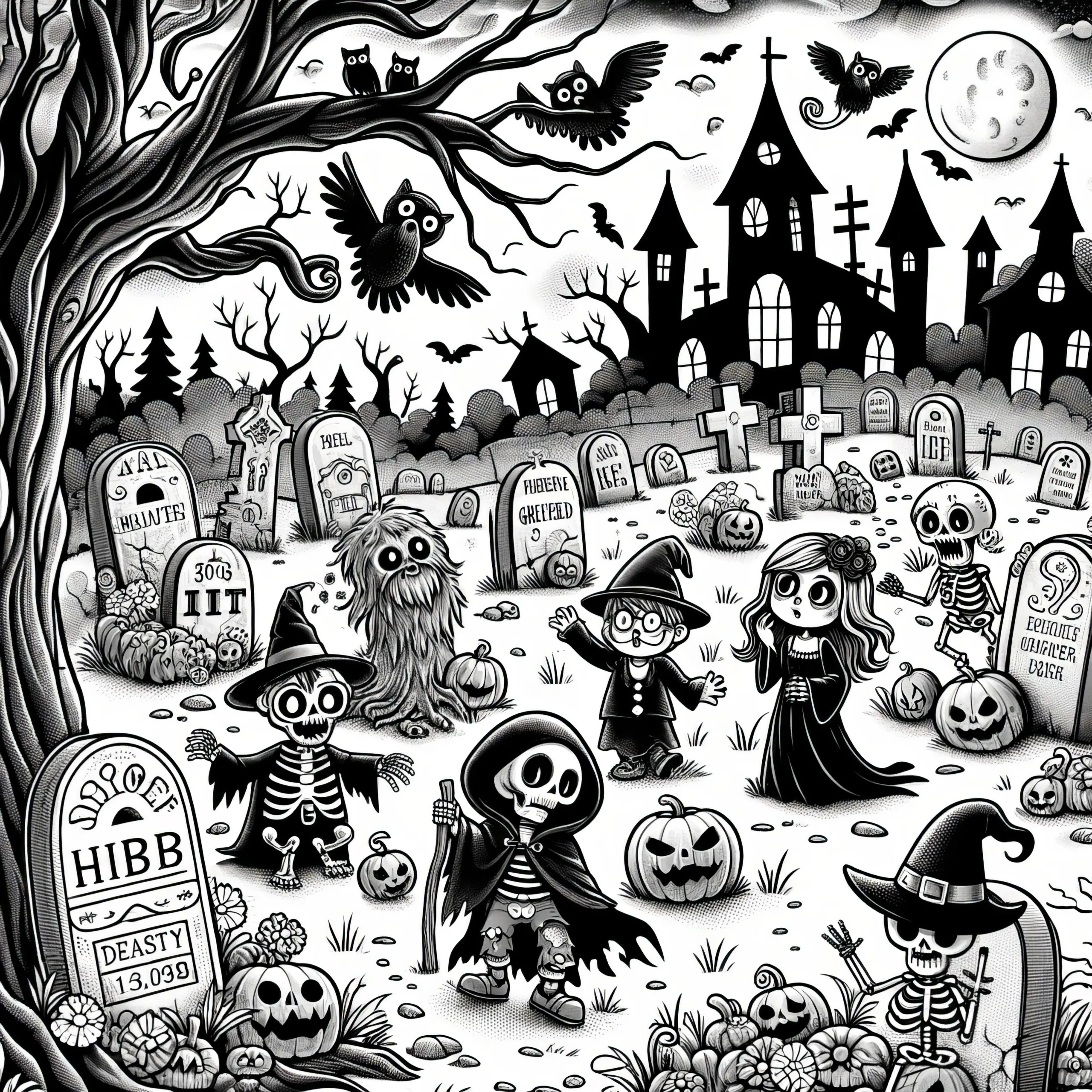 Friedhof Monsterparty: Halloween Ausmalbild zum Download (Gratis)