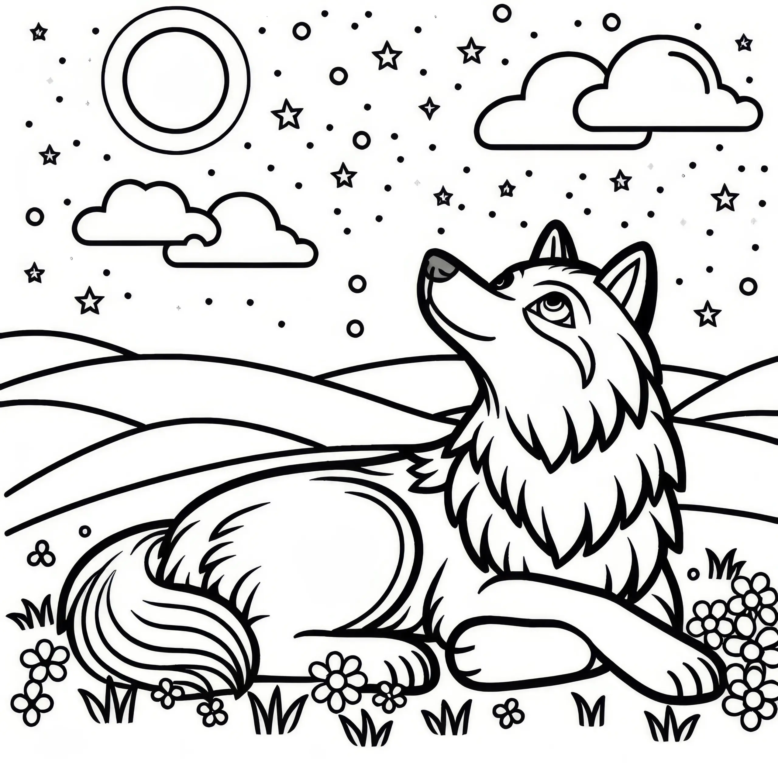 Friedlicher Wolf liegt im Gras und blickt in den Himmel: Einfache Malvorlage (Kostenlos) (Ausmalbild)