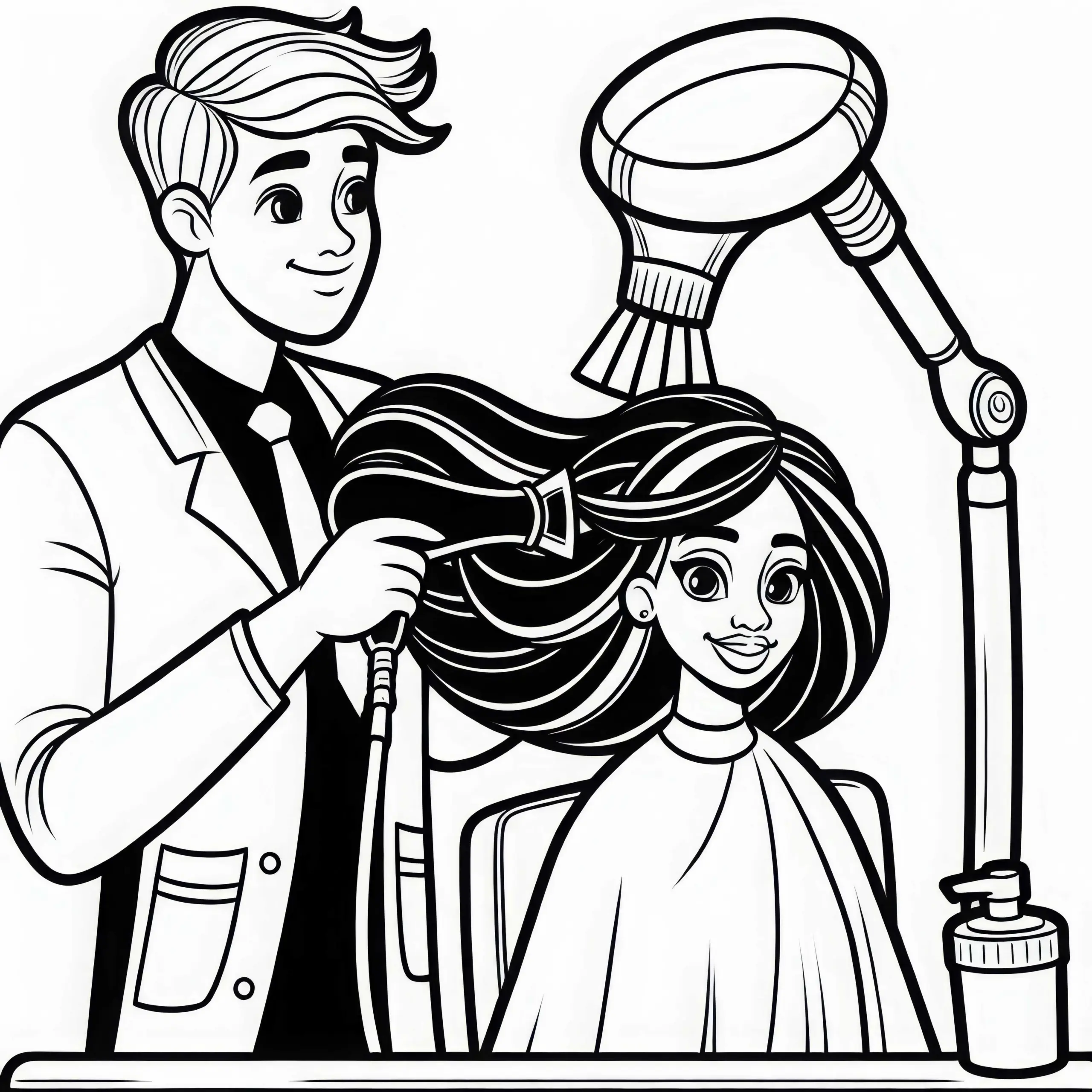 Friseur, Föhnen, Haar einer Kundin – Ausmalbild kostenlos
