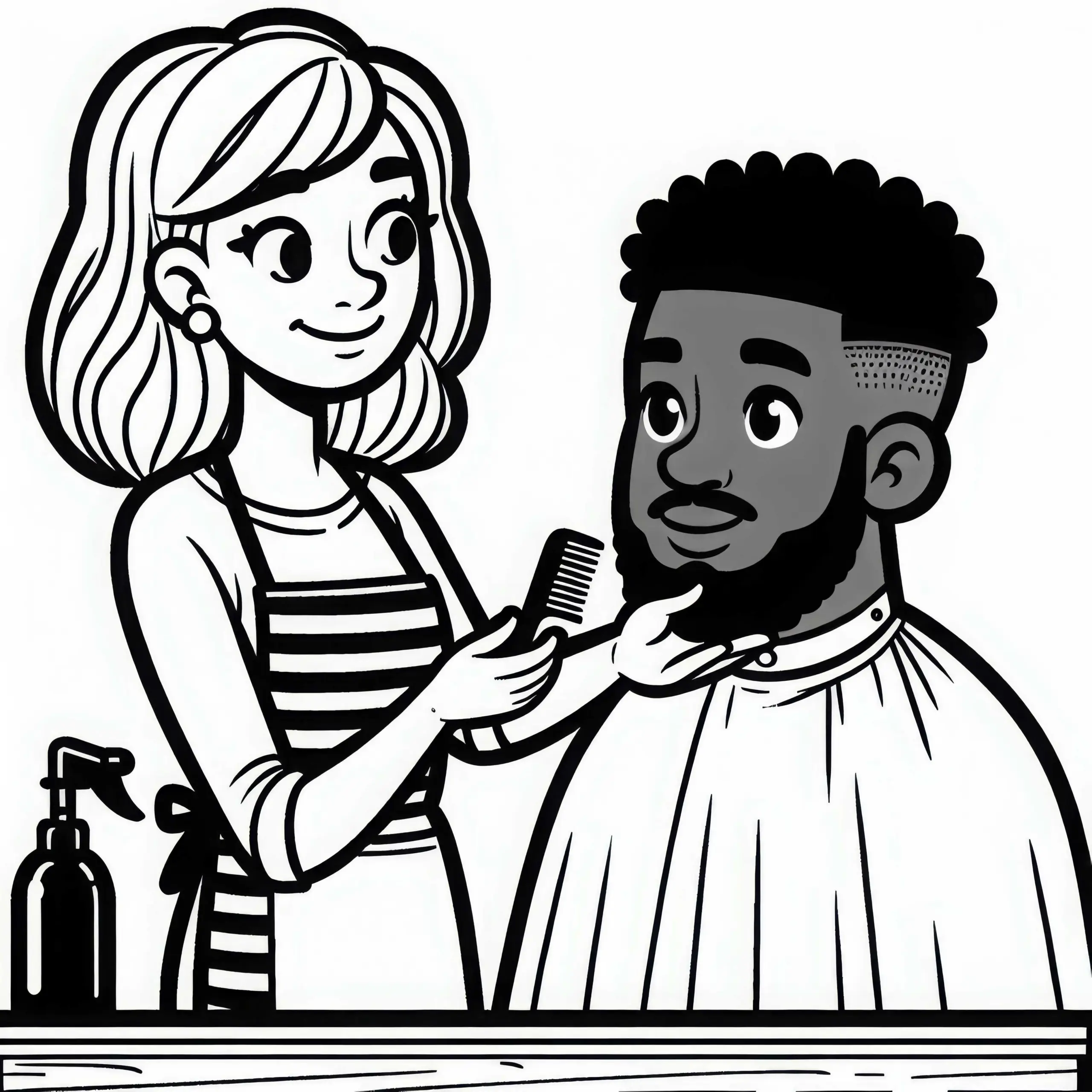 Friseurin berät Kunden bei der Frisurwahl – Ausmalbild kostenlos