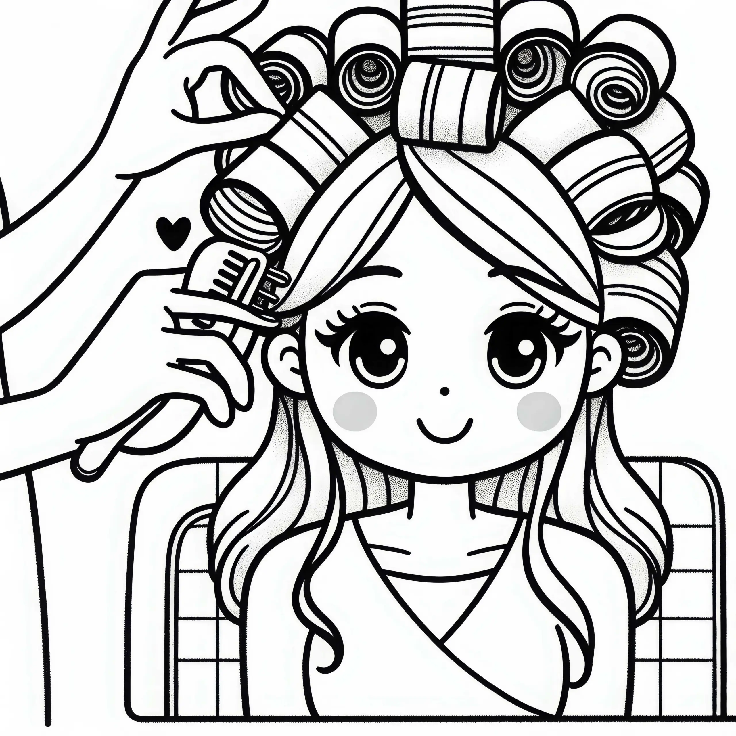 Friseurin legt Lockenwickler ins Haar – Malvorlage kostenlos (Ausmalbild)