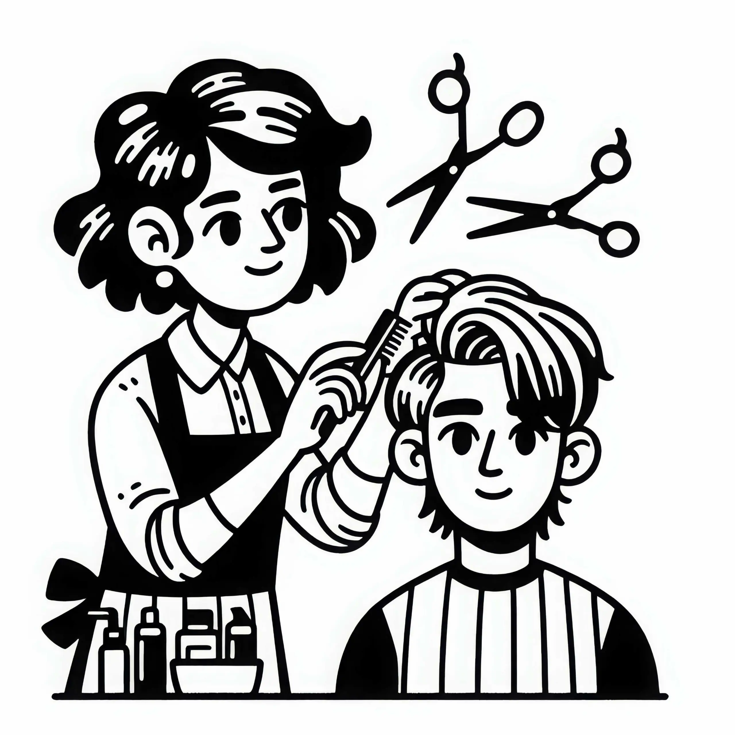 Friseurin macht Kunden Haare – Malvorlage gratis (Ausmalbild)