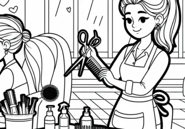 Friseurin reinigt und organisiert Werkzeuge – Malvorlage kostenlos