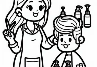 Friseurin zeigt Pflegeprodukte einem Kunden – Ausmalbild kostenlos