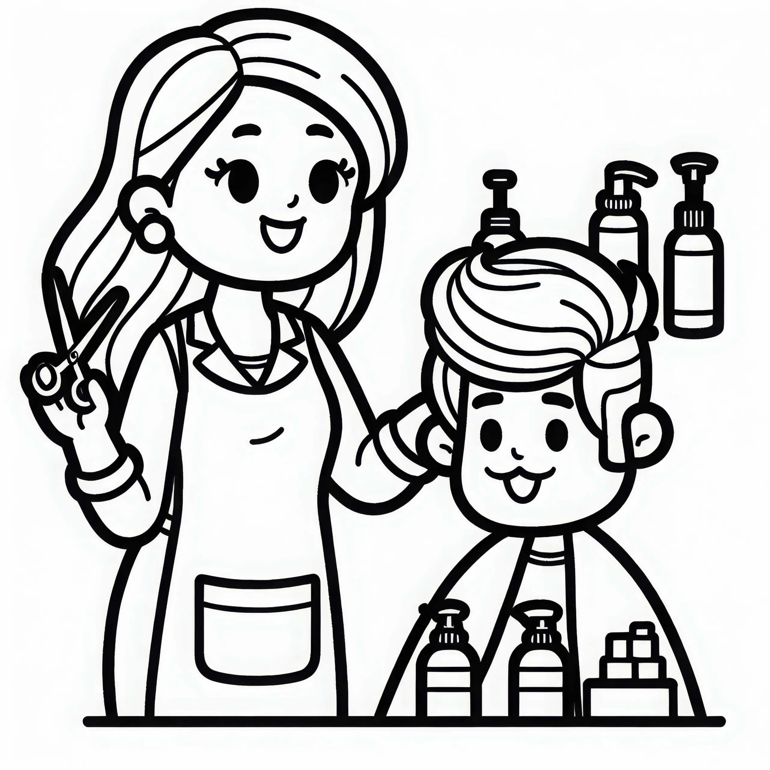 Friseurin zeigt Pflegeprodukte einem Kunden – Ausmalbild kostenlos