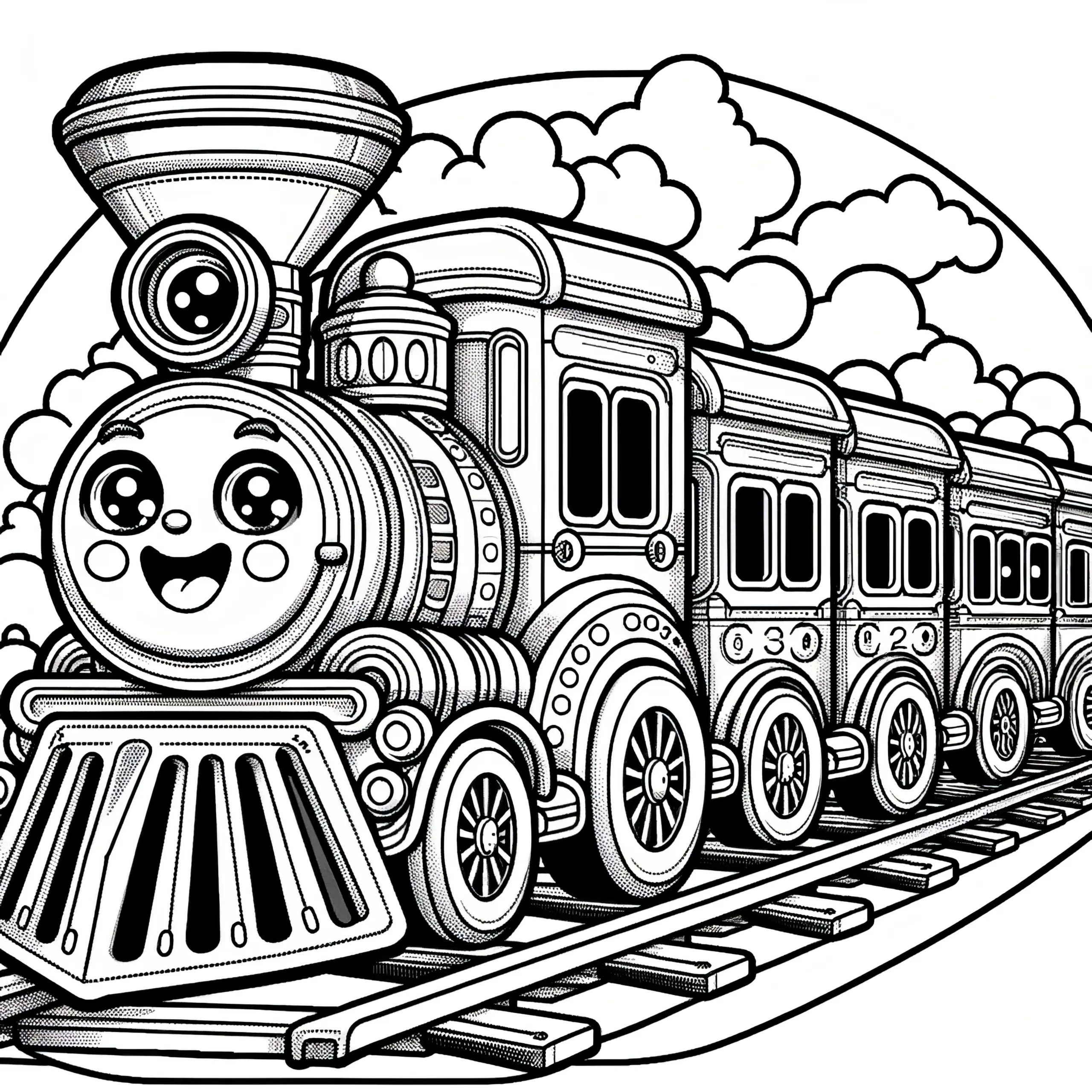 Fröhliche Dampflok: Eisenbahn Bild zum Ausmalen für Kinder (Kostenlos) (Ausmalbild)