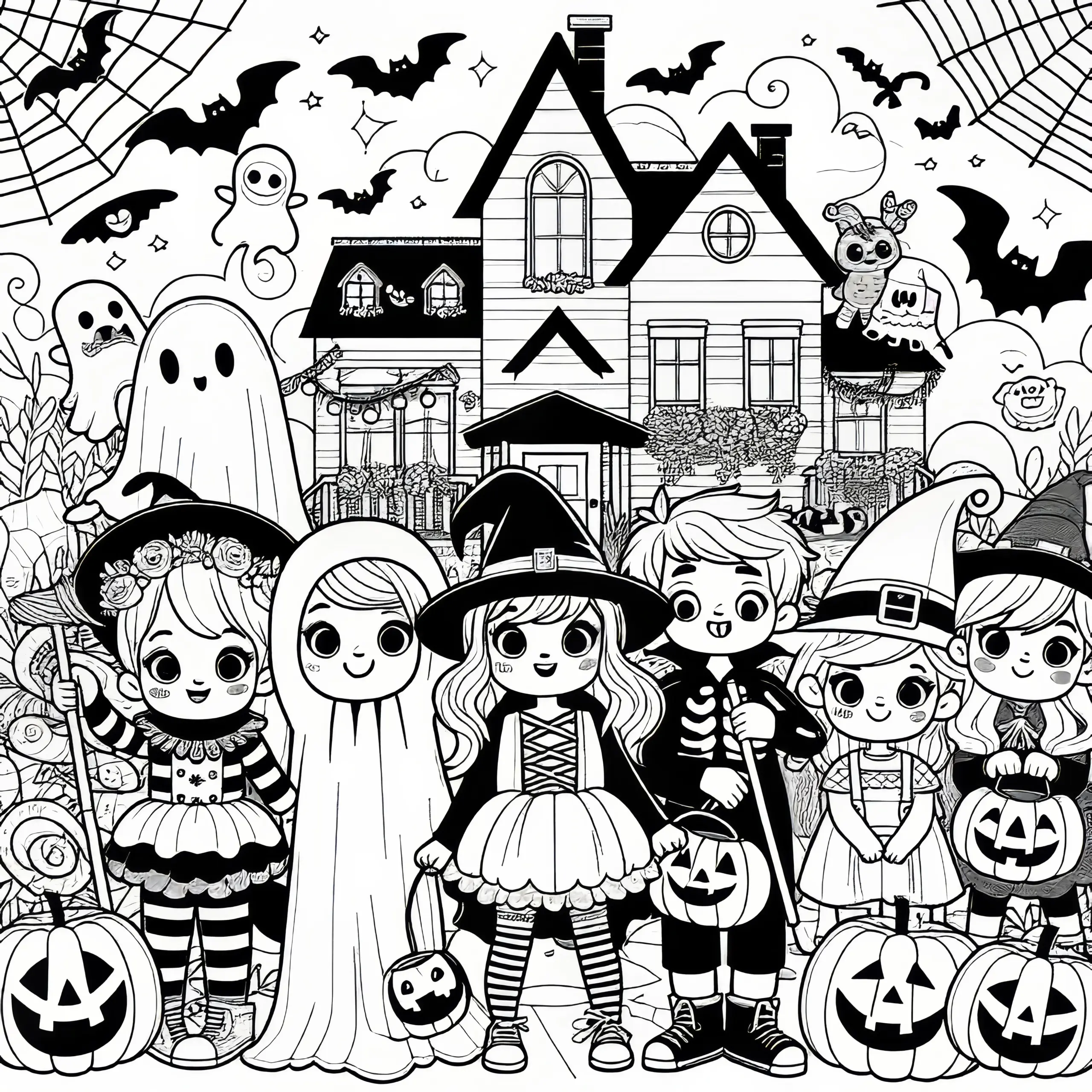 Fröhliche Halloween-Feier mit schaurigen Gestalten: Ausmalbild zum Download (Gratis)
