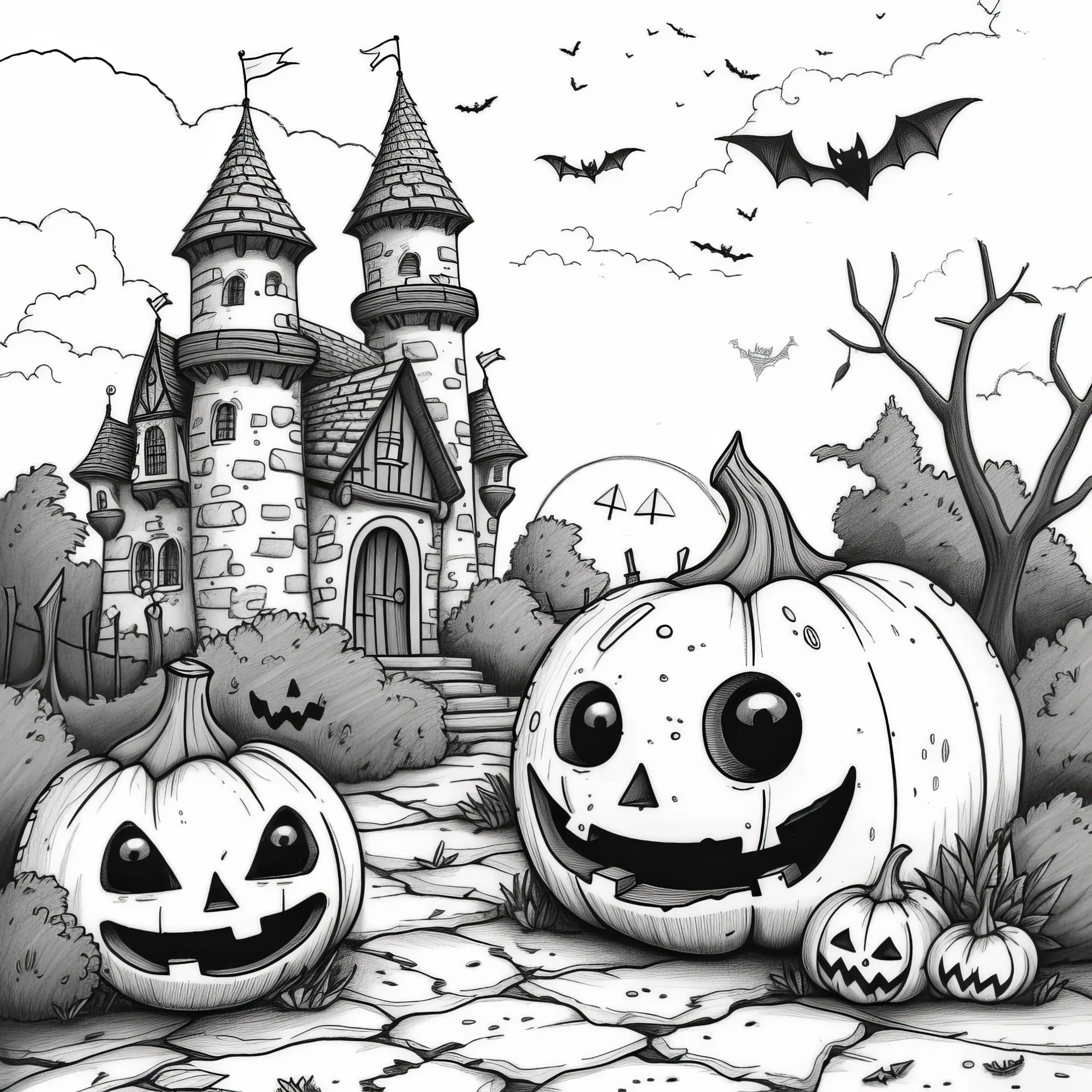 Fröhliche Halloween Kürbisse vor dem Geisterschloss: Ausmalbild (Kostenlos)