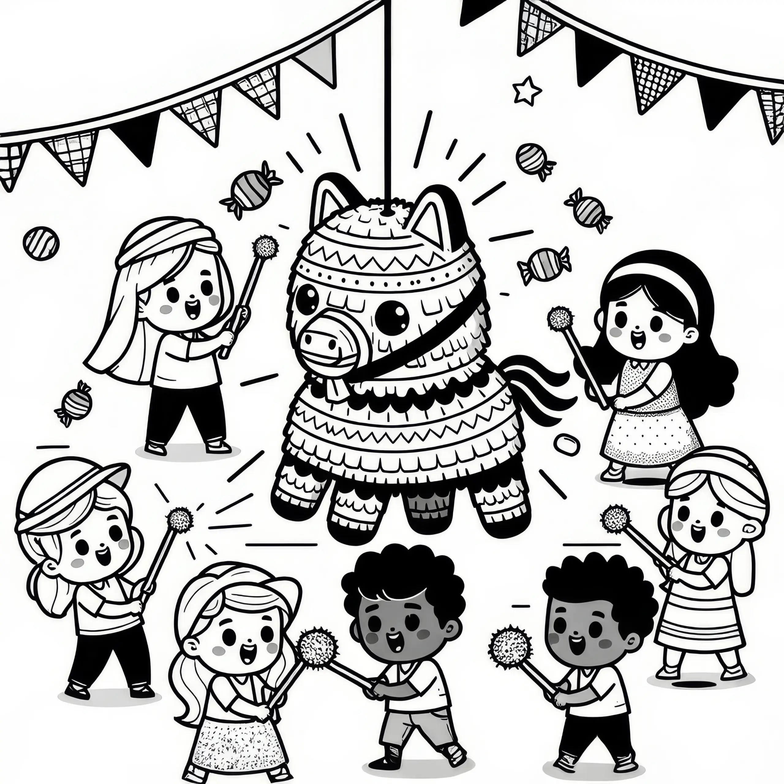 Fröhliche Kinder schlagen Piñata: Ausmalbild zum Geburtstag (Kostenlos)