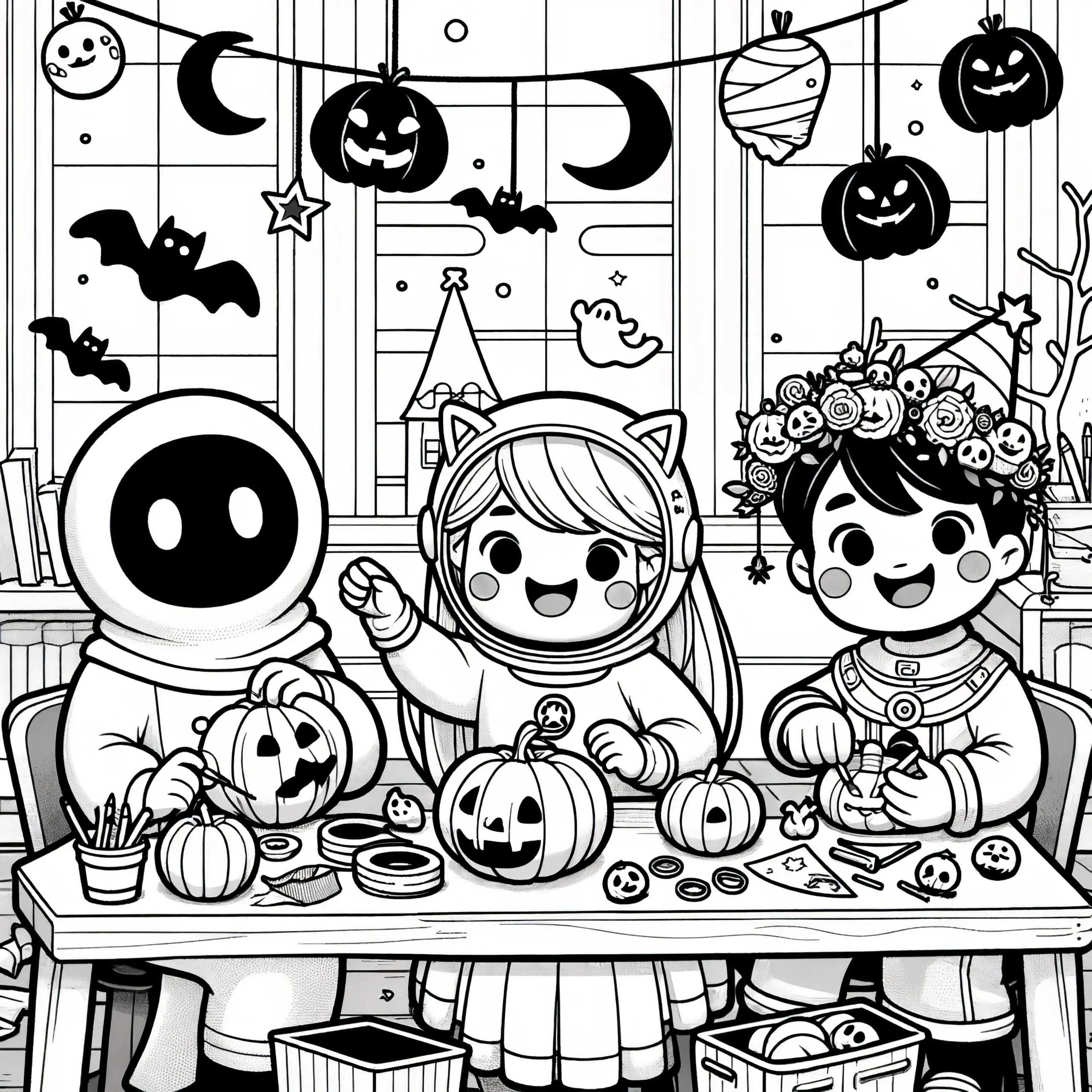 Fröhliche Kinder schnitzen Kürbisse für Halloween-Fest: Kostenloses Ausmalbild