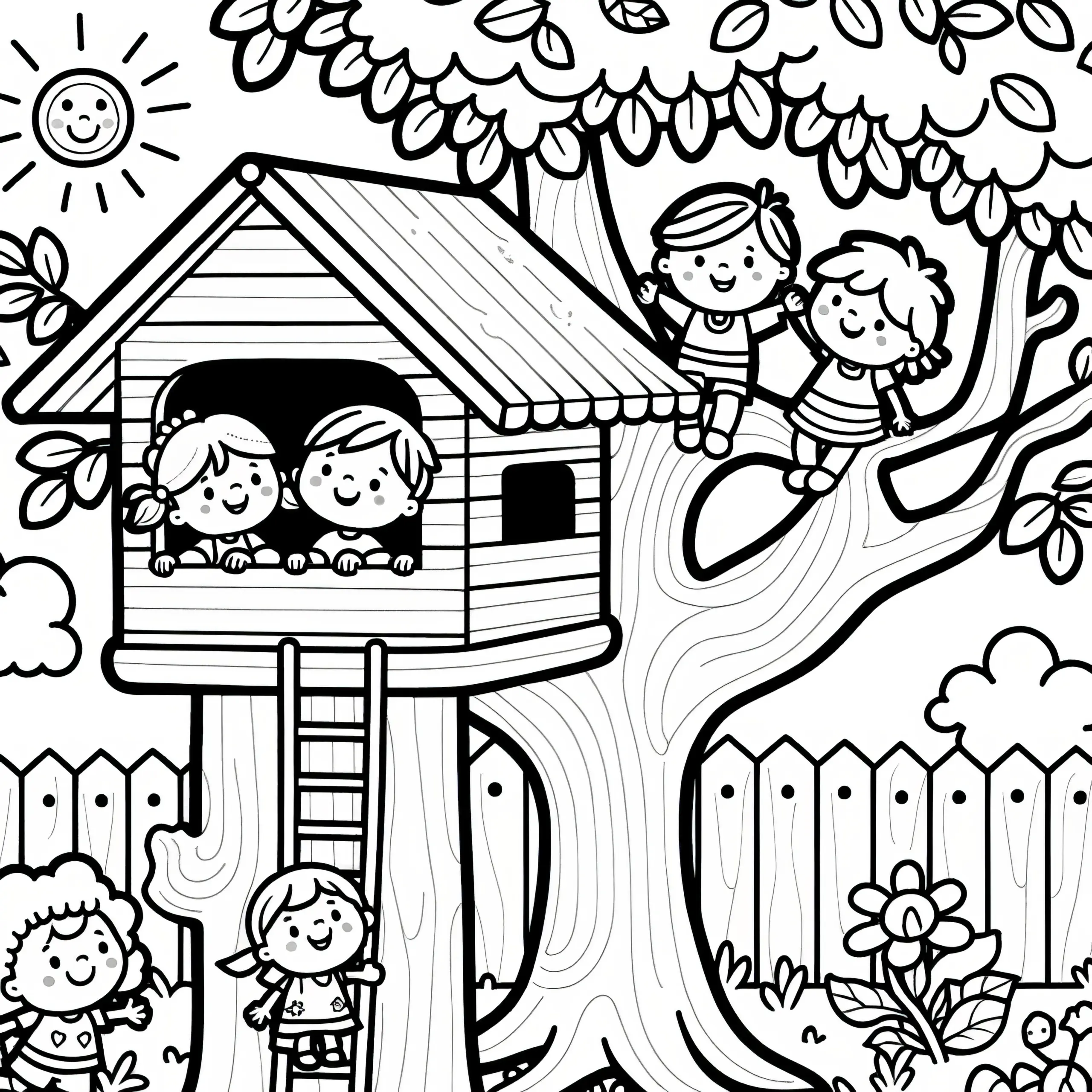 Fröhliche Kinder spielen im Baumhaus: Ausmalbild kostenlos