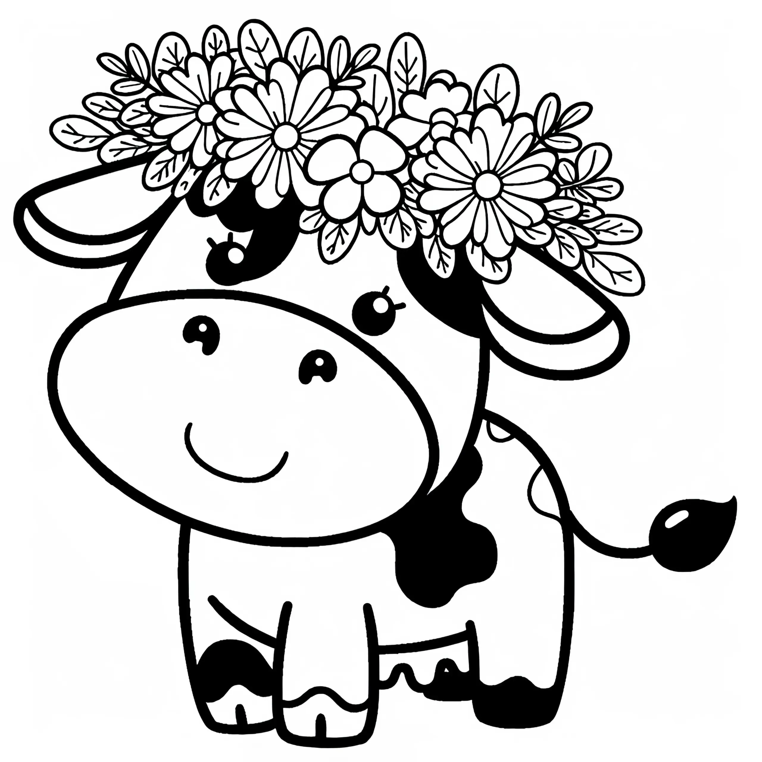 Fröhliche Kuh mit Blumenkranz auf dem Kopf: Einfache Malvorlage (Gratis) (Ausmalbild)
