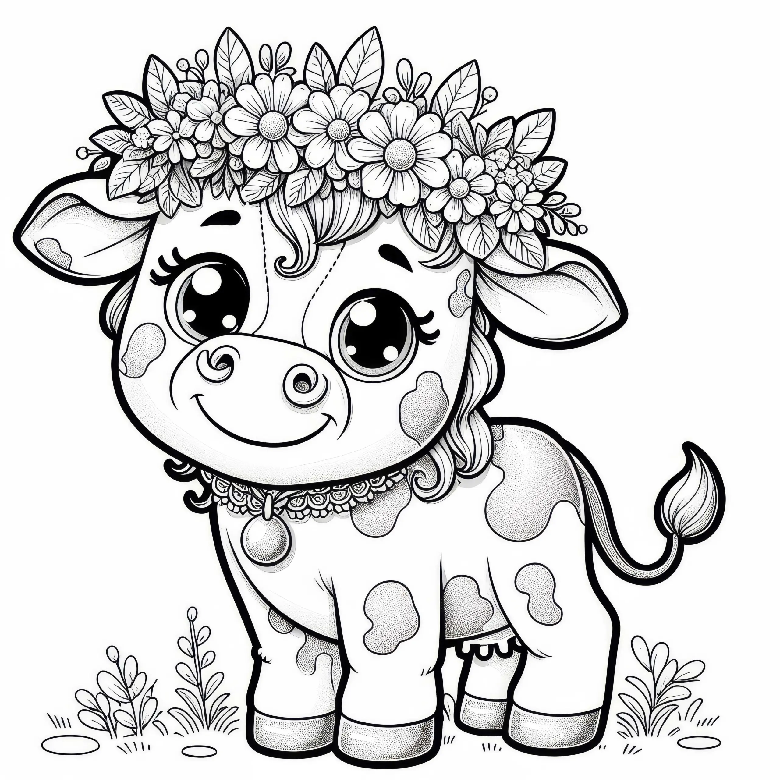 Fröhliche Kuh mit Blumenkranz auf Kopf als Malvorlage (Kostenlos) (Ausmalbild)