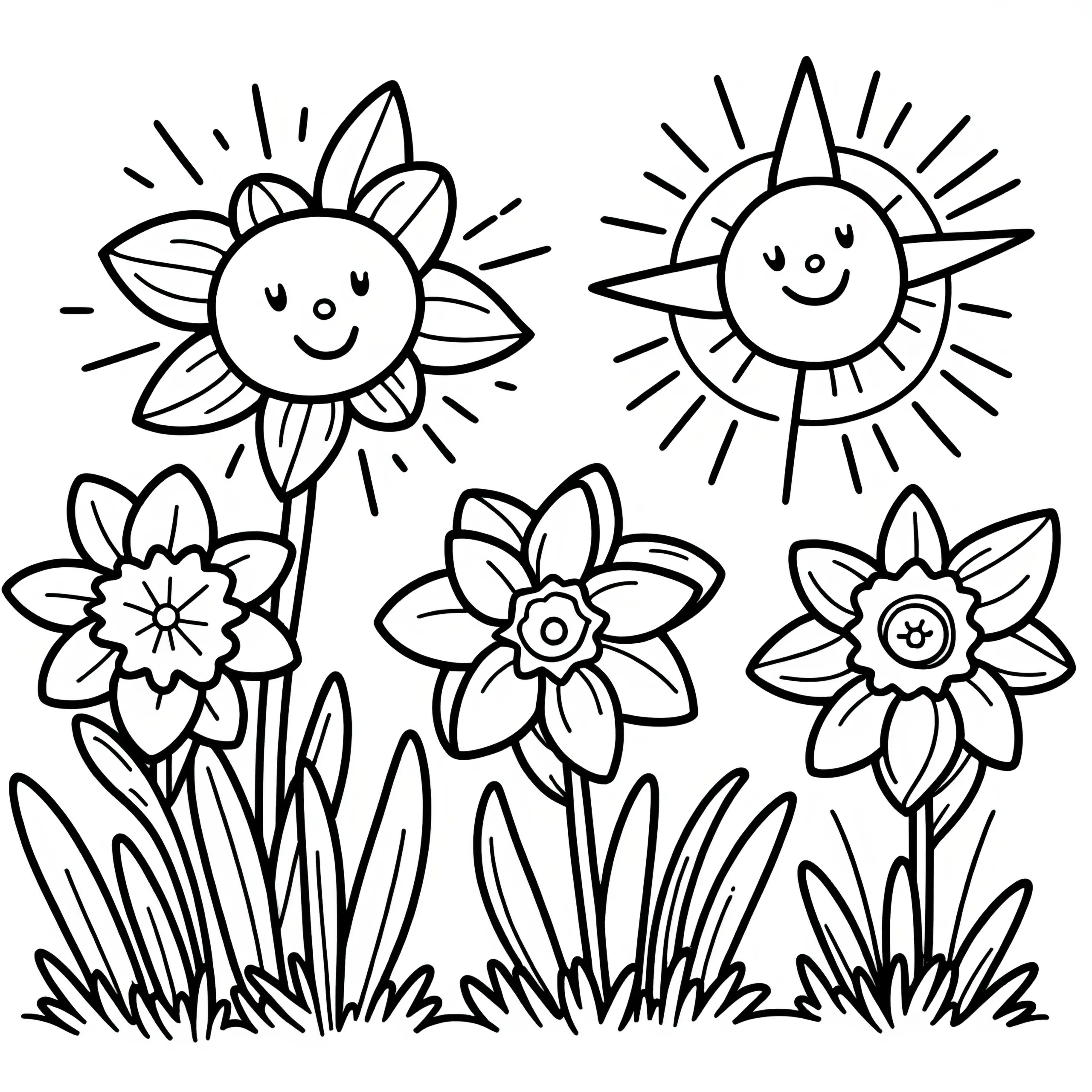 Fröhliche Malvorlage mit Narzissen und Sonnenblume (Kostenlos) (Ausmalbild)
