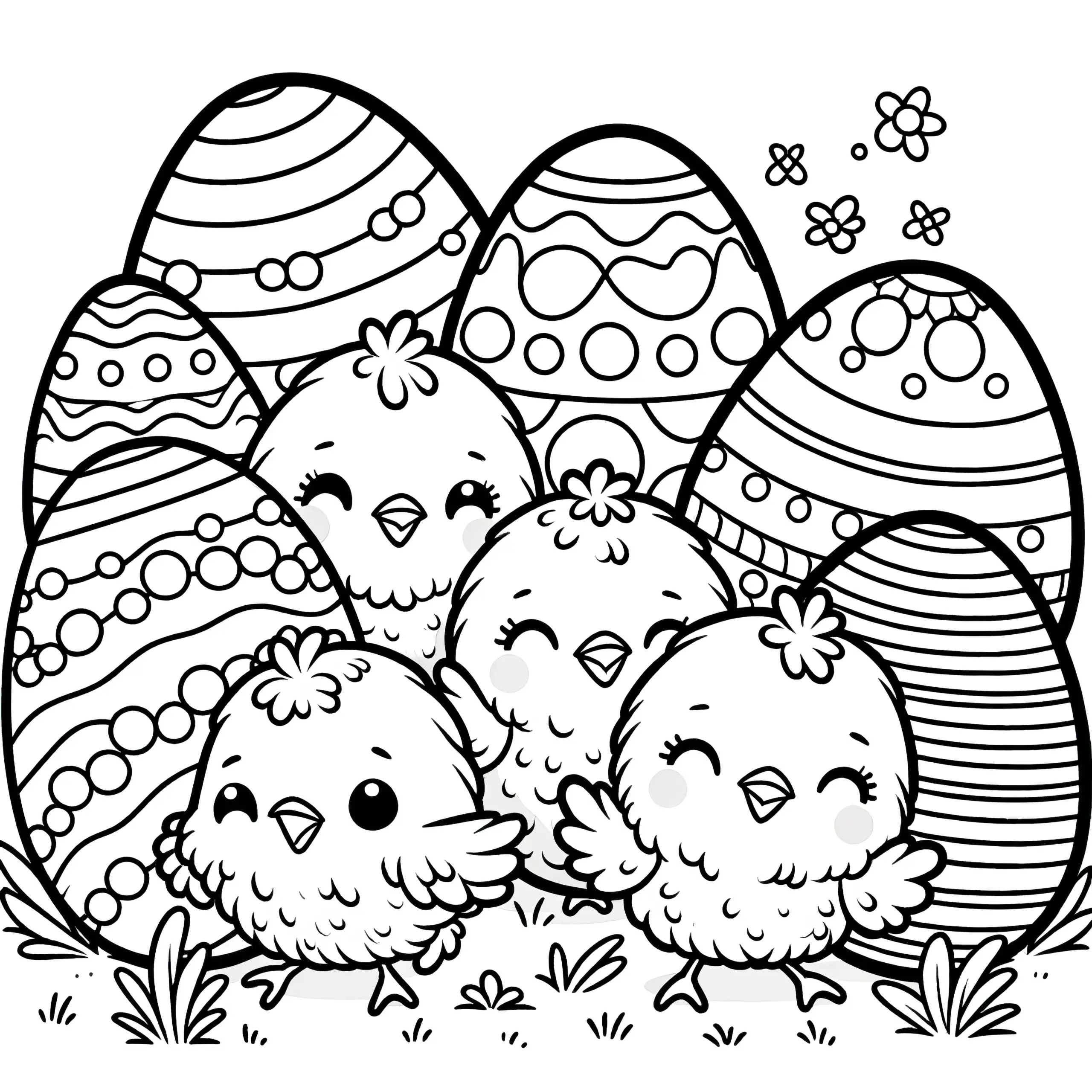 Fröhliche Osterküken und viele Ostereier: Gratis Malvorlage herunterladen (Ausmalbild)