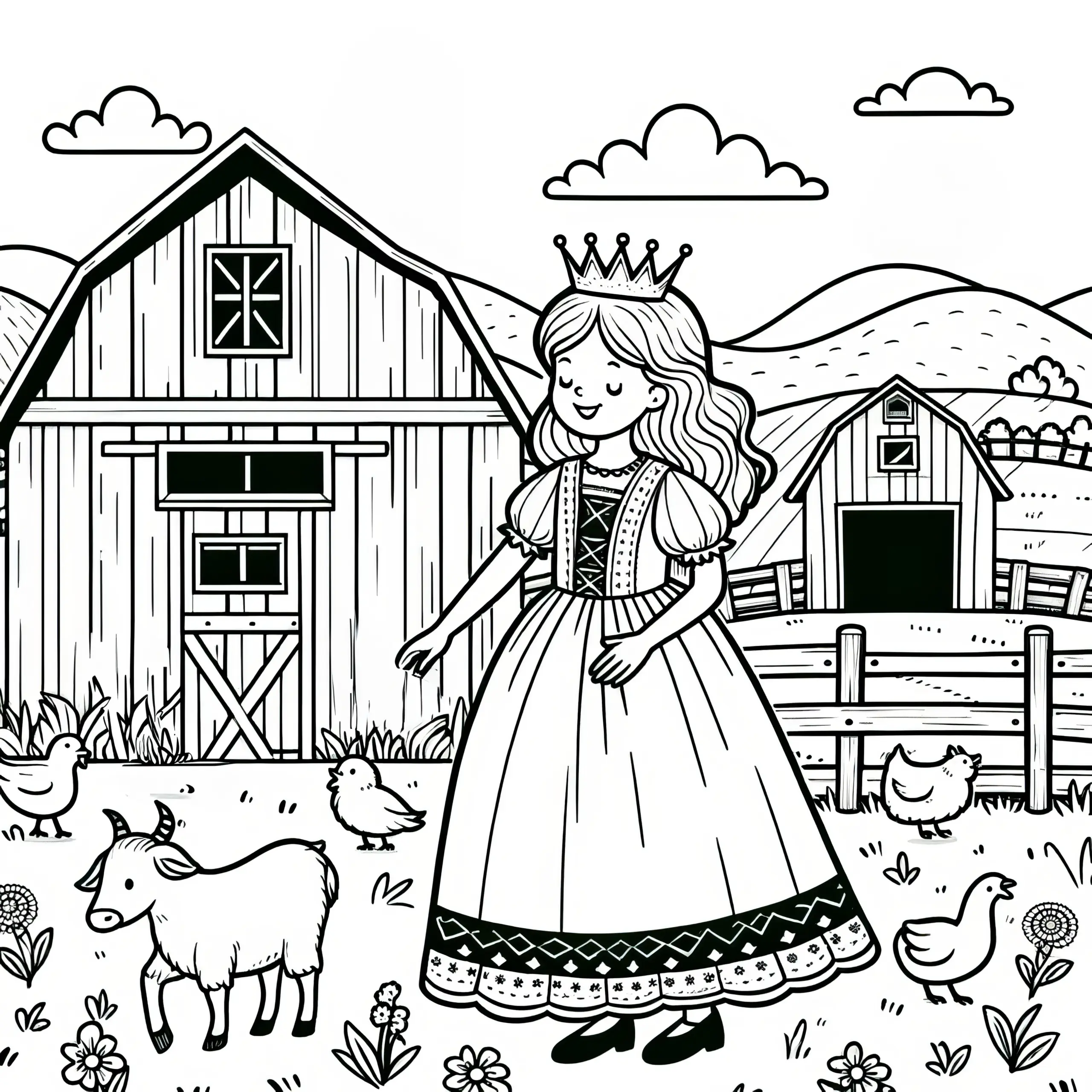 Fröhliche Prinzessin auf dem Bauernhof: Einfache Malvorlage zum Download (Gratis) (Ausmalbild)