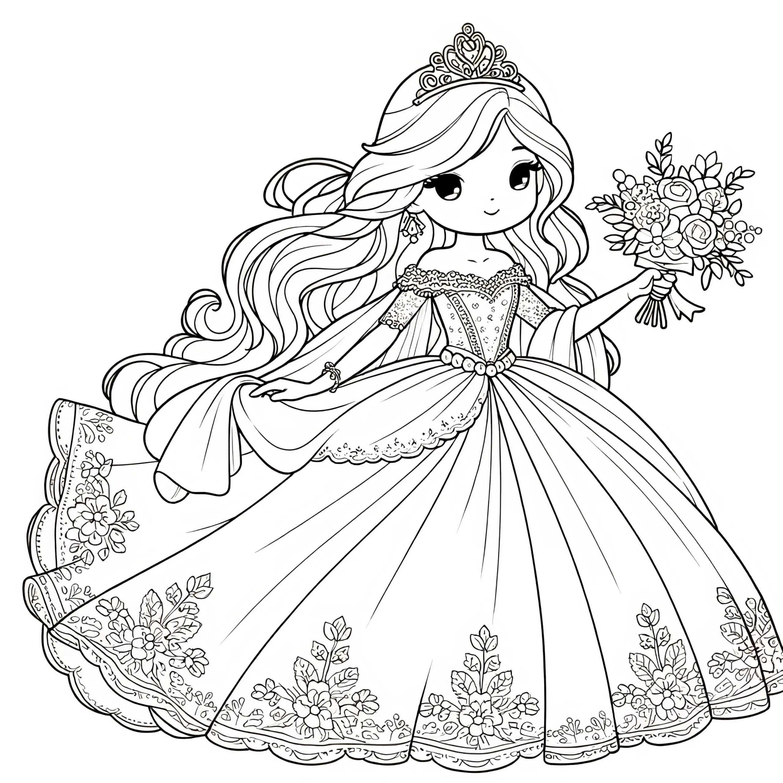 Fröhliche Prinzessin im Blumenkleid mit Blumenstrauß (Kostenlos) (Ausmalbild)