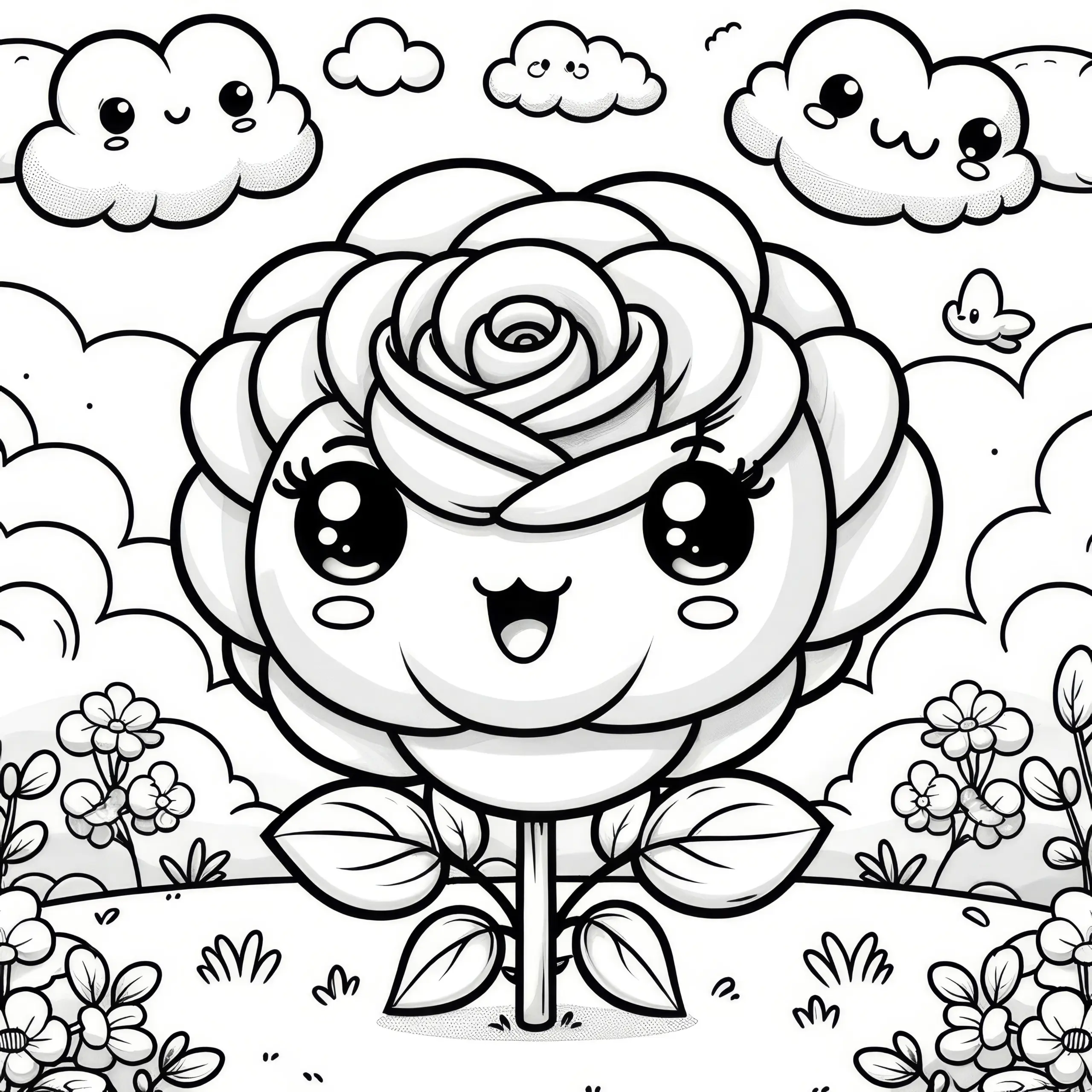 Fröhliche Rosenpflanze mit Gesicht zum Ausmalen (Kostenlos) (Ausmalbild)