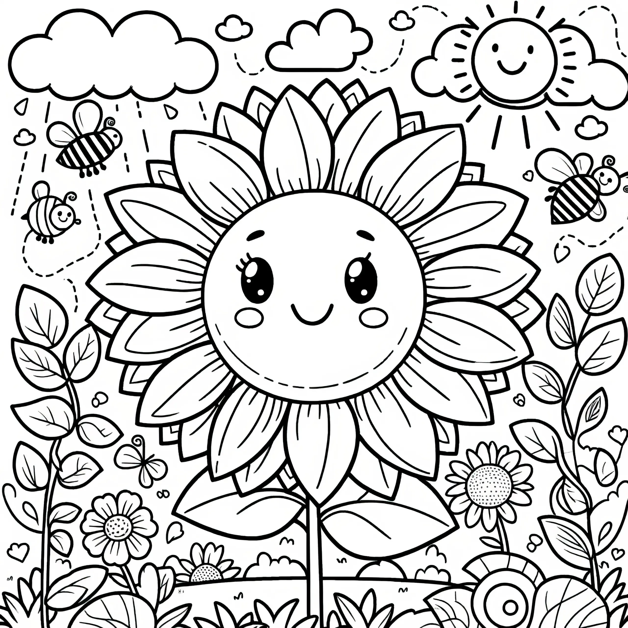 Fröhliche Sonnenblume auf Blumenwiese: Bild zum Ausmalen (Gratis) (Ausmalbild)