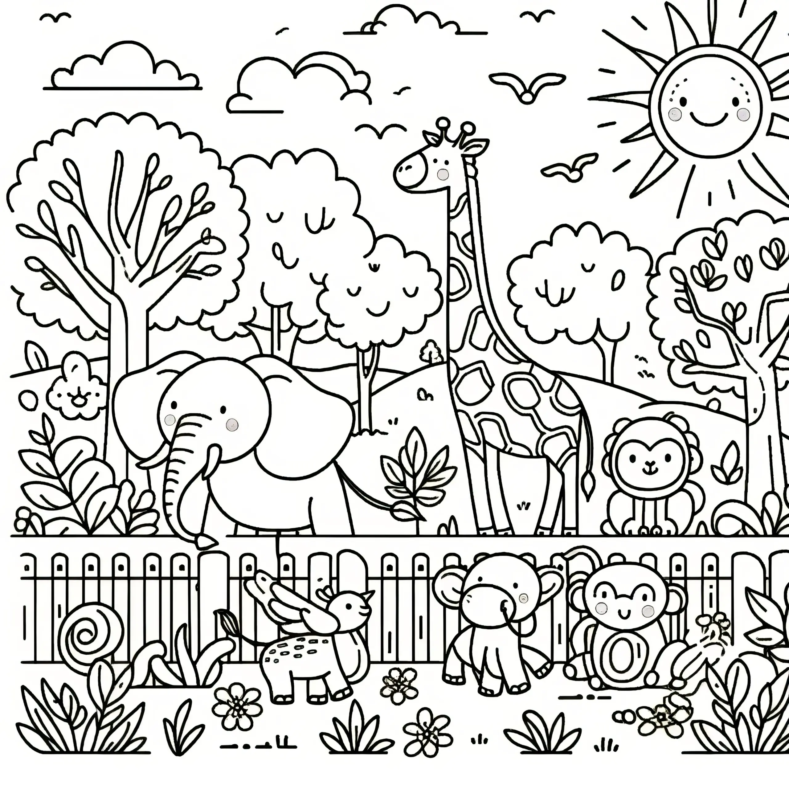 Fröhliche Tiere im Tierpark bei Sonnenschein: Malvorlage gratis zum Download (Ausmalbild)