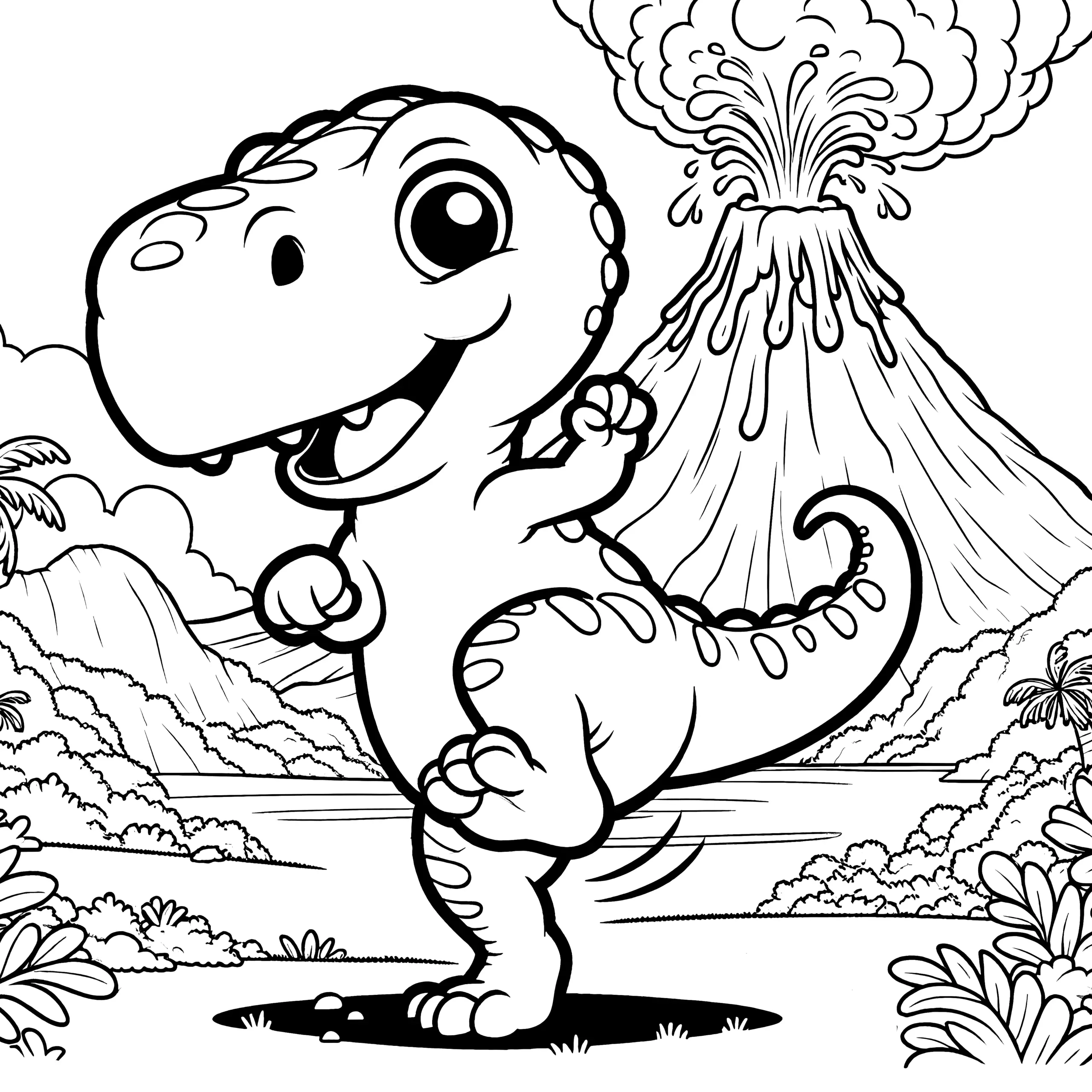 Fröhlicher Dinosaurier tanzt vor Vulkanlandschaft (Ausmalbild)