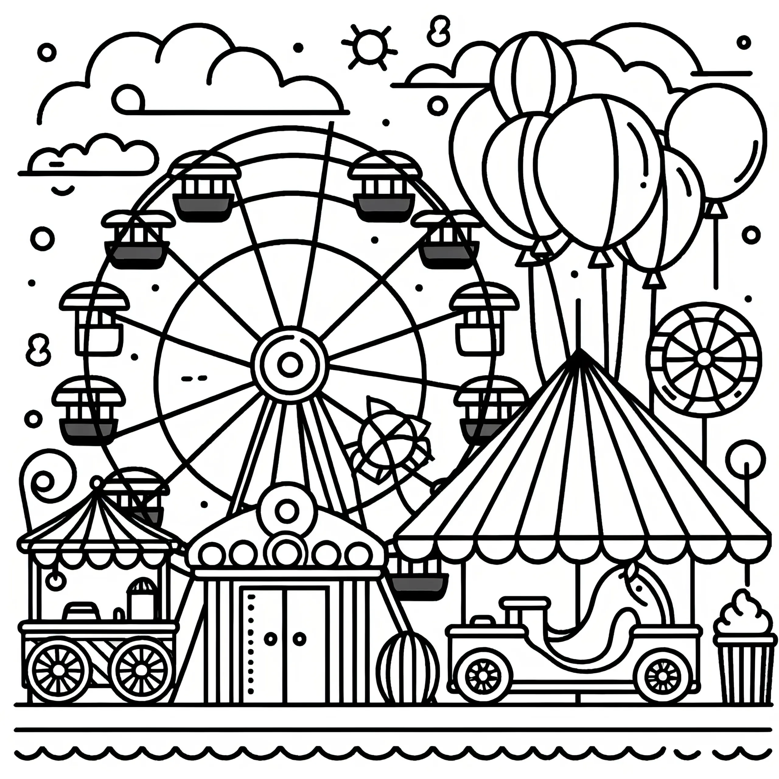 Fröhlicher Freizeitpark: Einfache Malvorlage zum Herunterladen (Gratis) (Ausmalbild)