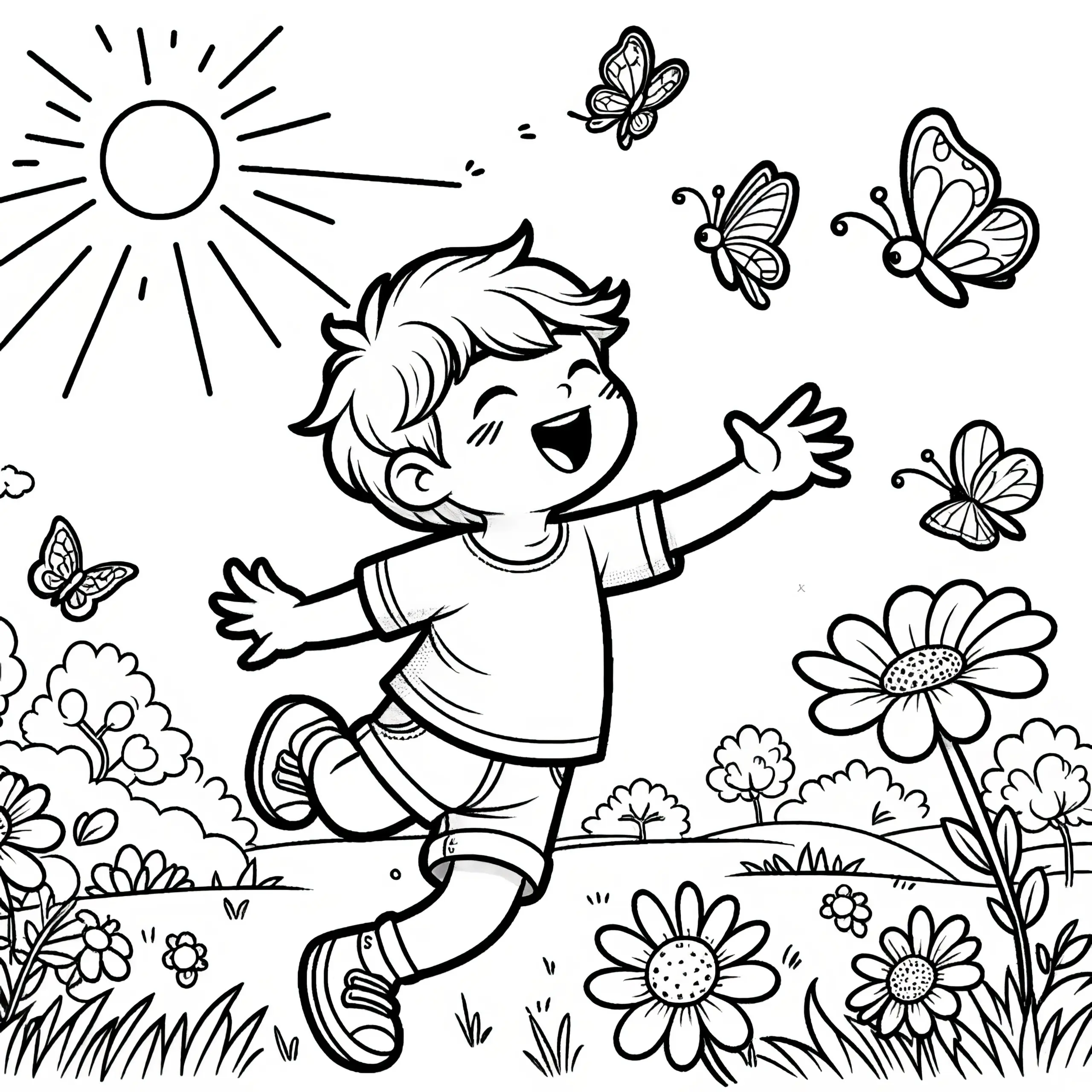 Fröhlicher Junge auf Blumenwiese im Sommer: Ausmalbild zum Download (Gratis)