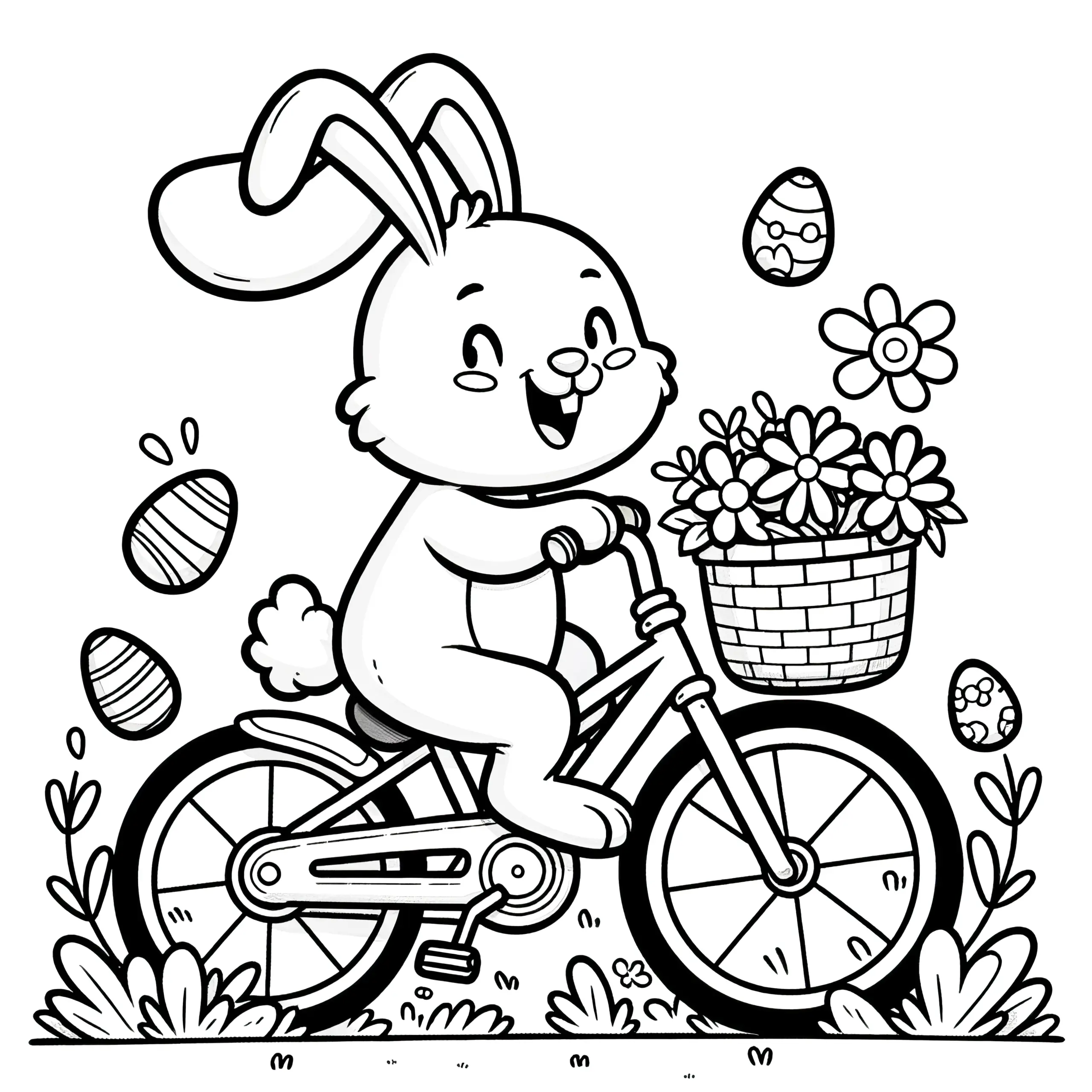 Fröhlicher Osterhase auf Fahrrad mit Osterkorb: Kostenloses Ausmalbild