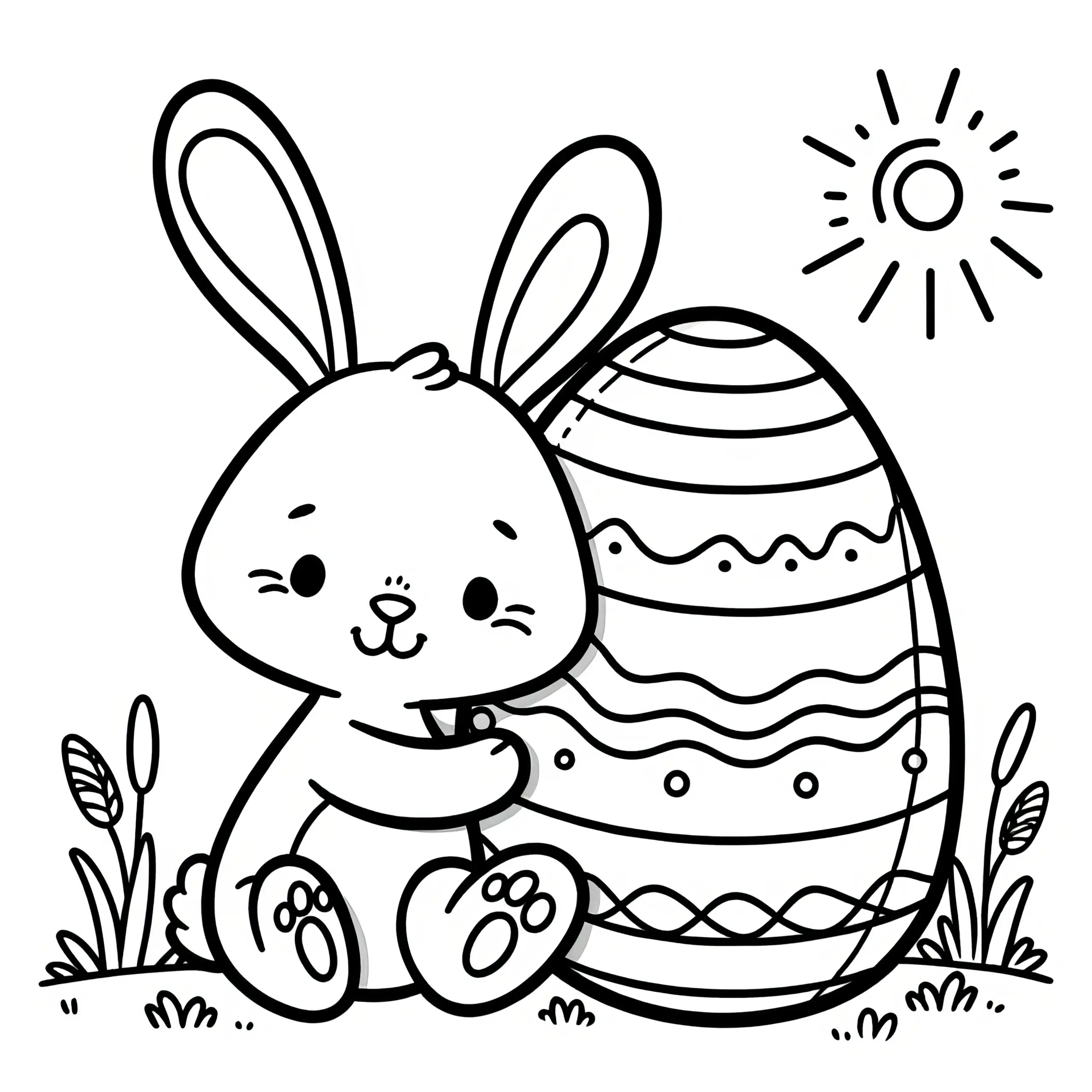 Fröhlicher Osterhase mit riesigem Osterei: Malvorlage für Kinder zum Download (Gratis) (Ausmalbild)
