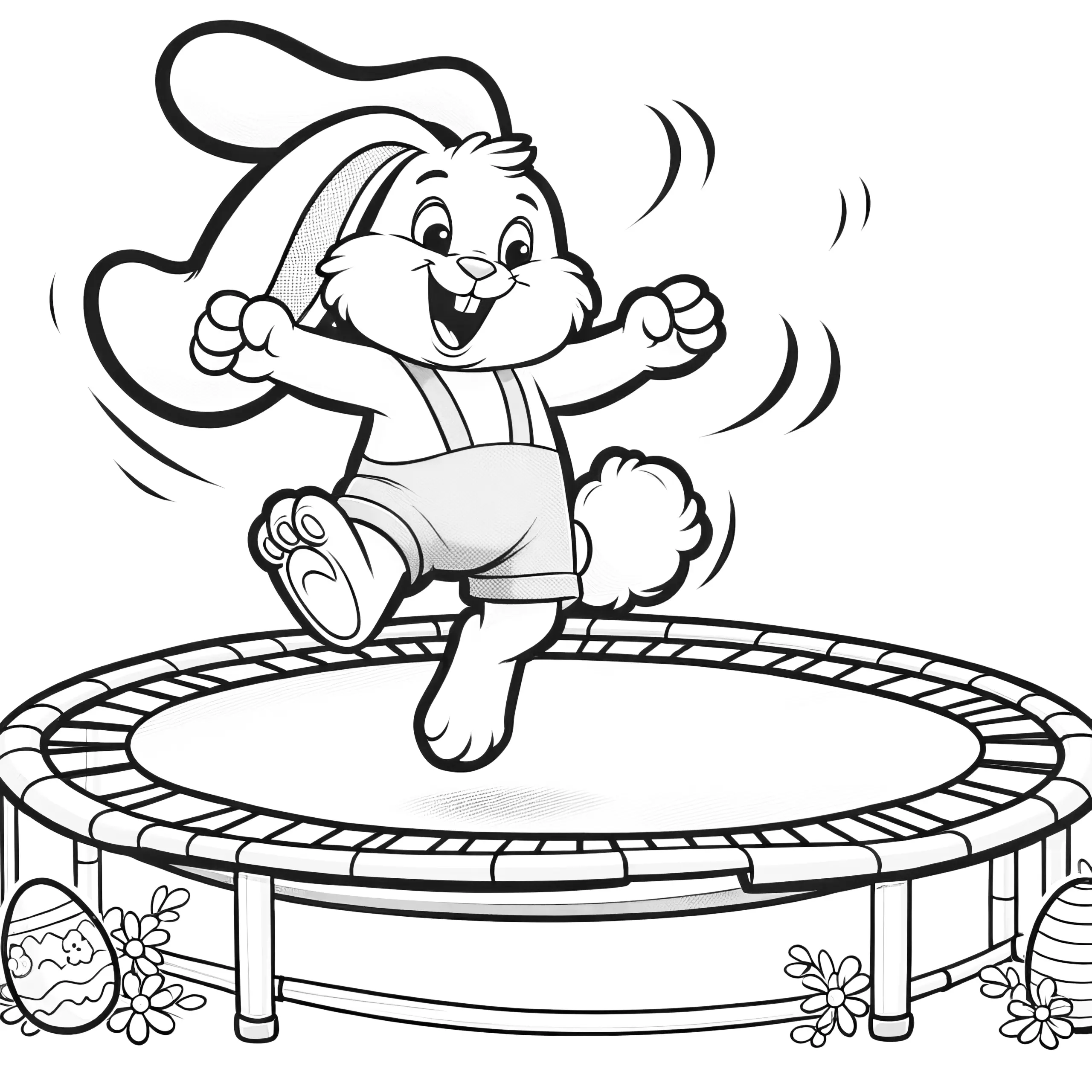 Fröhlicher Osterhase auf Trampolin: Osterbild zum Ausmalen (Gratis) (Ausmalbild)