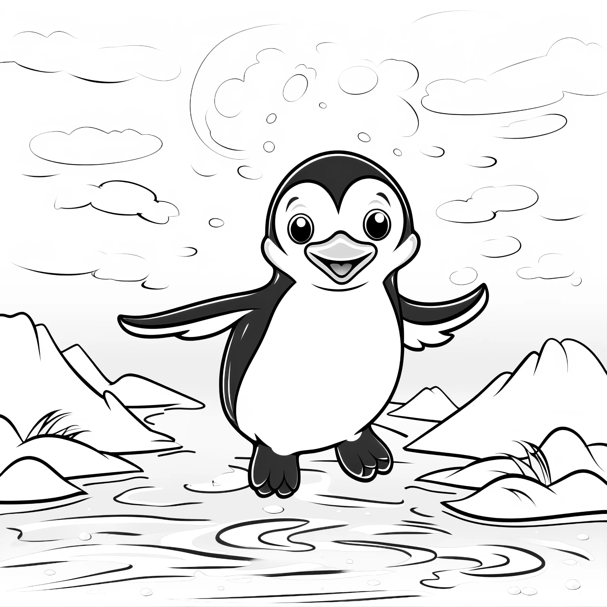 Fröhlicher Pinguin in Wasserlandschaft: Ausmalbild zum Herunterladen (Gratis)