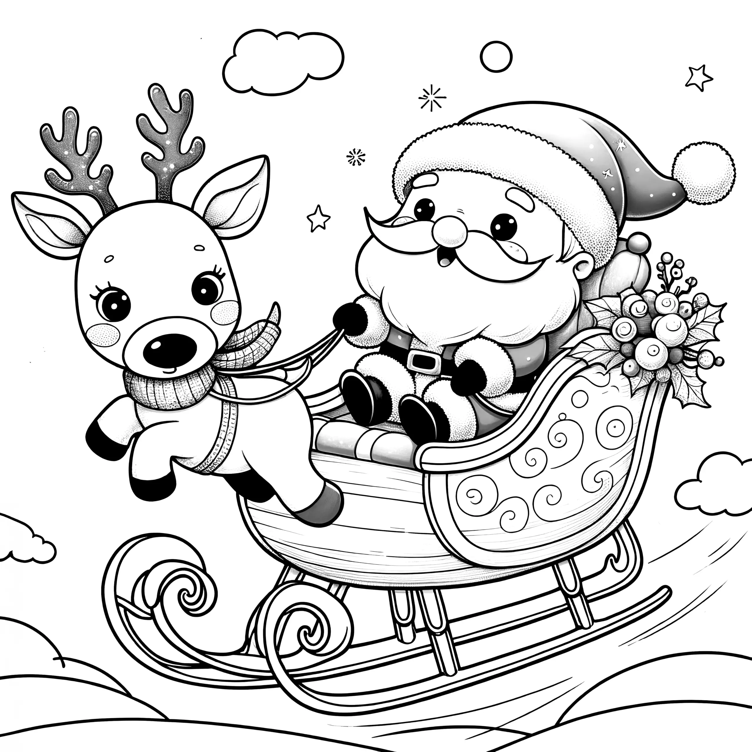 Fröhlicher Weihnachtsmann, Schlitten & Rentier (Ausmalbild)