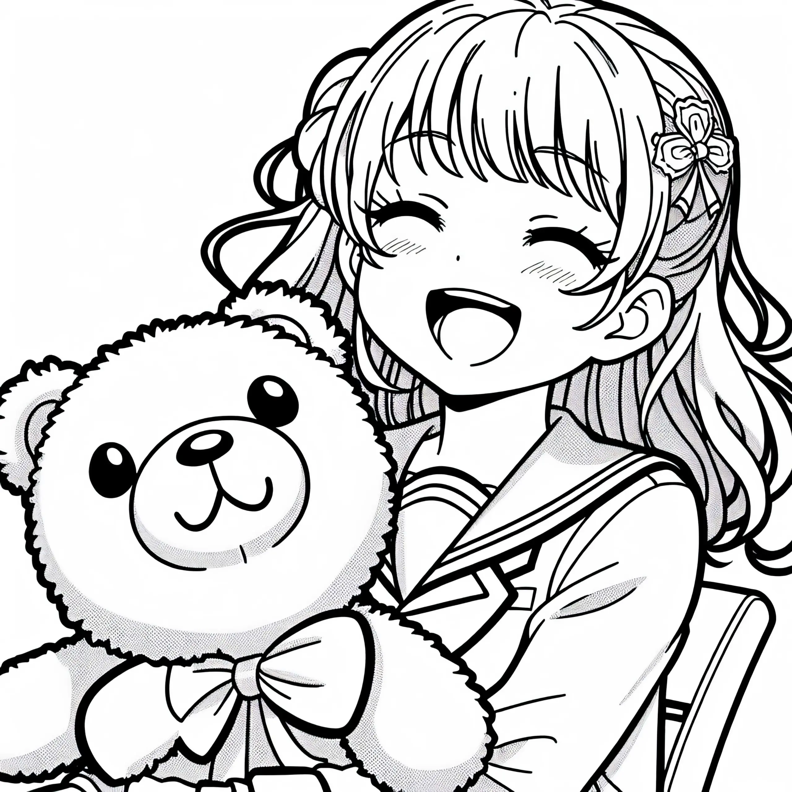 Frohliches Anime Mädchen in Schuluniform hält lachend niedlichen Plüsch-Teddy zum Ausmalen (Ausmalbild)