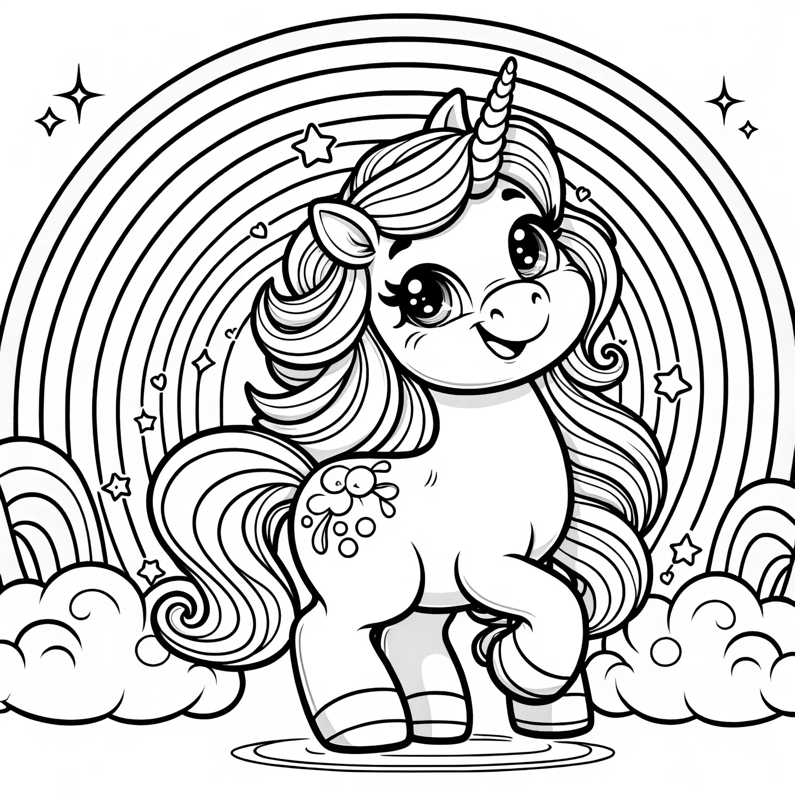 Fröhliches Einhorn mit Regenbogen als Malvorlage (Gratis) (Ausmalbild)
