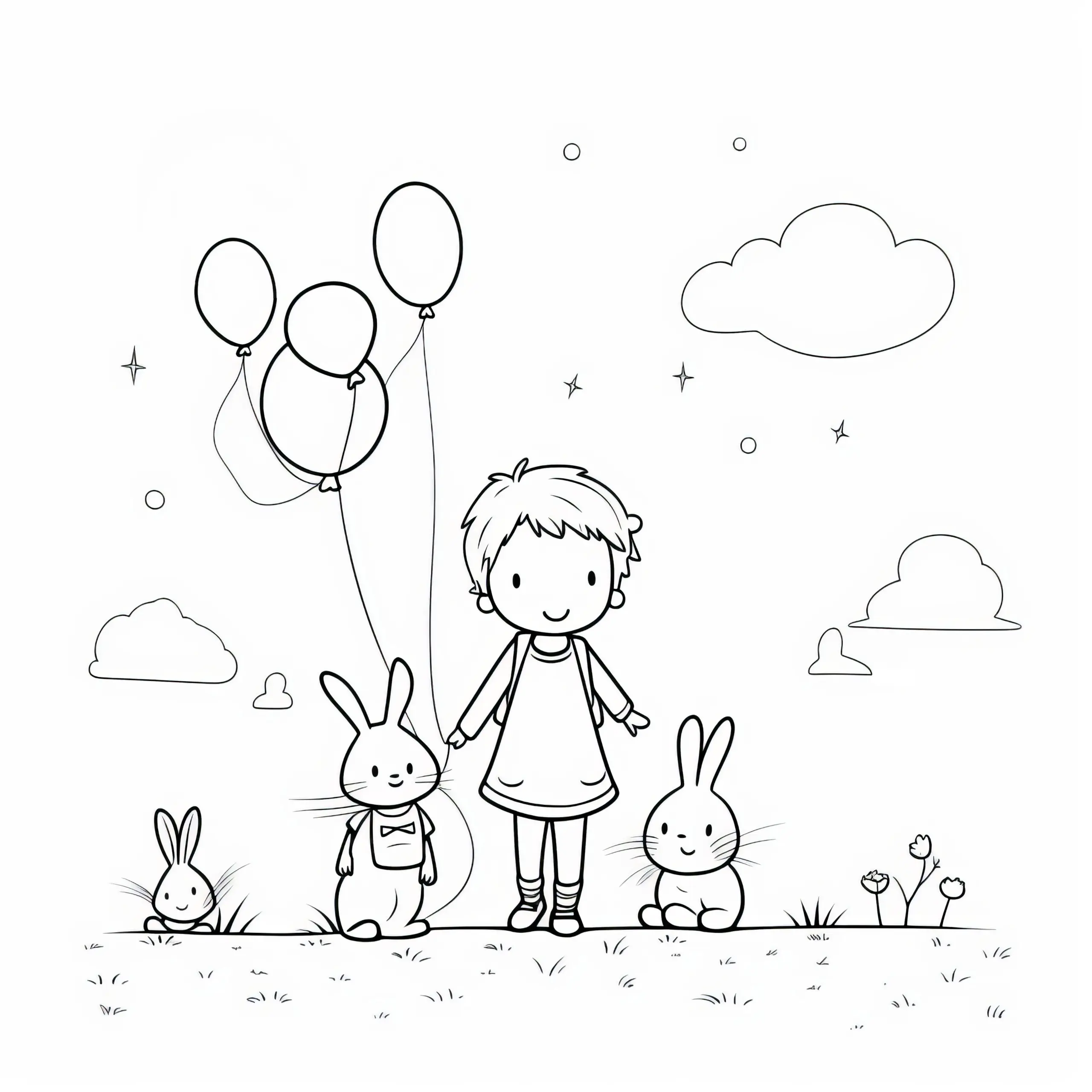 Fröhliches Kind mit drei Osterhasen auf Wiese: Ausmalbild für Kinder (Kostenlos)