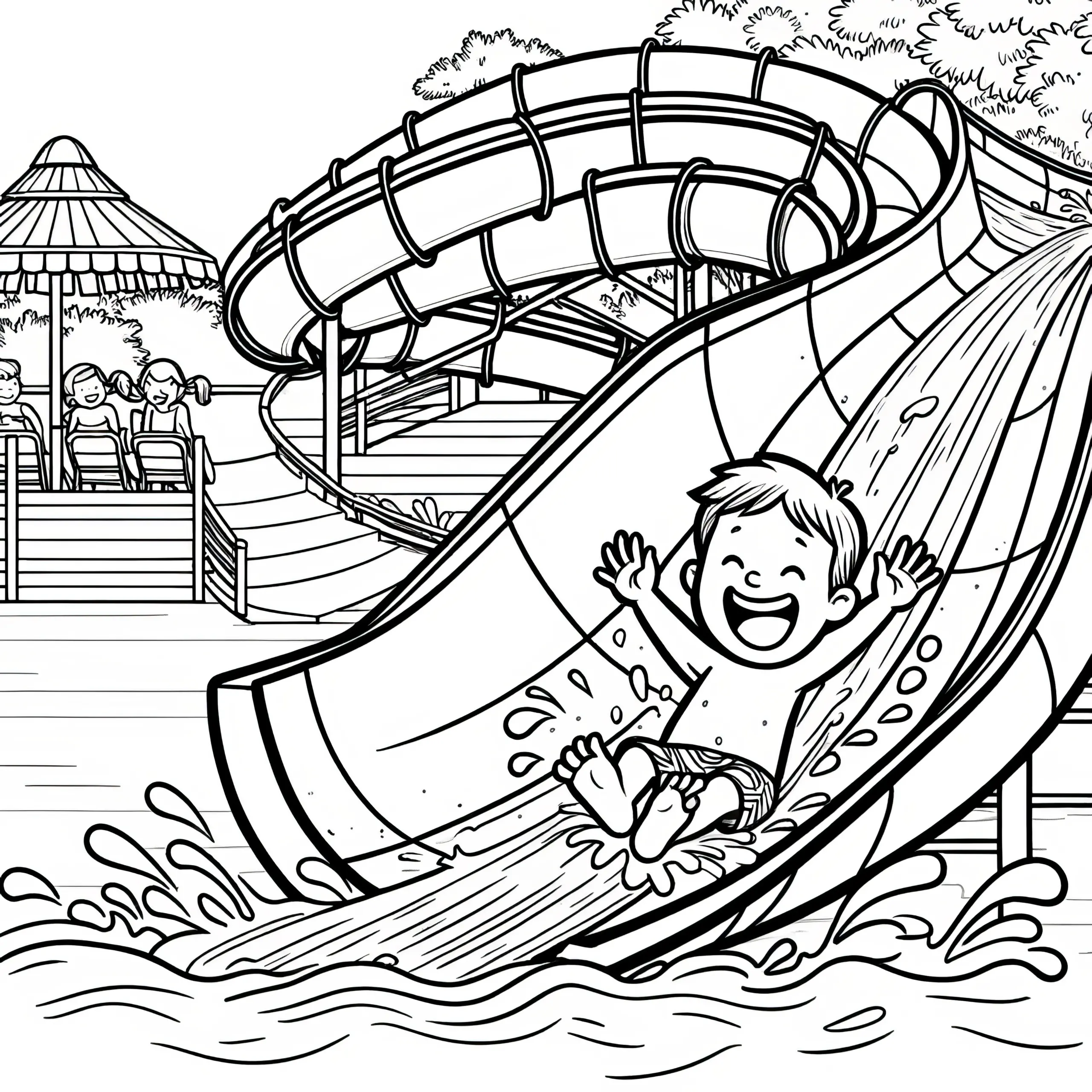 Fröhliches Kind auf Wasserrutsche: Ausmalbild zum Download (Kostenlos)