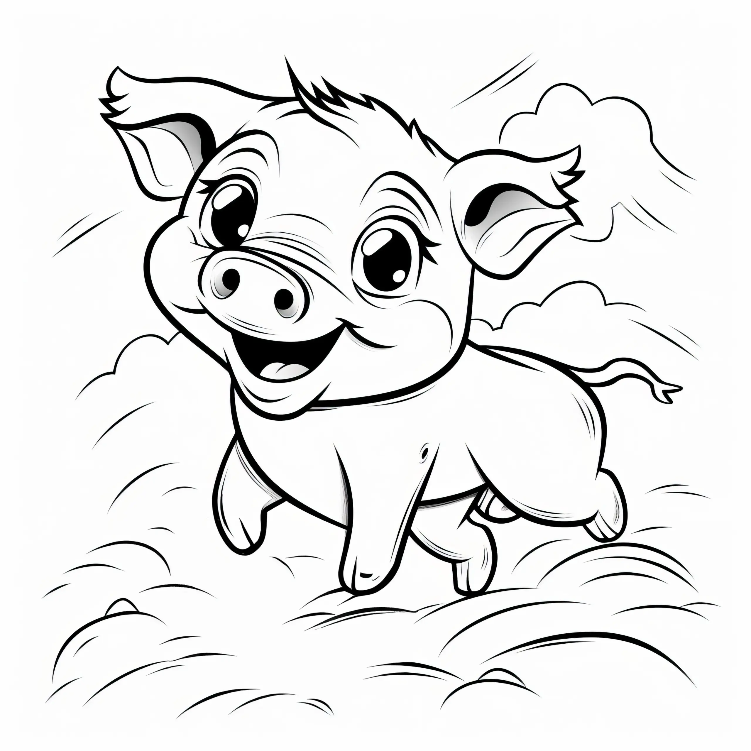 Fröhliches Schwein fliegt durch die Luft: Einfache Malvorlage (Kostenlos) (Ausmalbild)