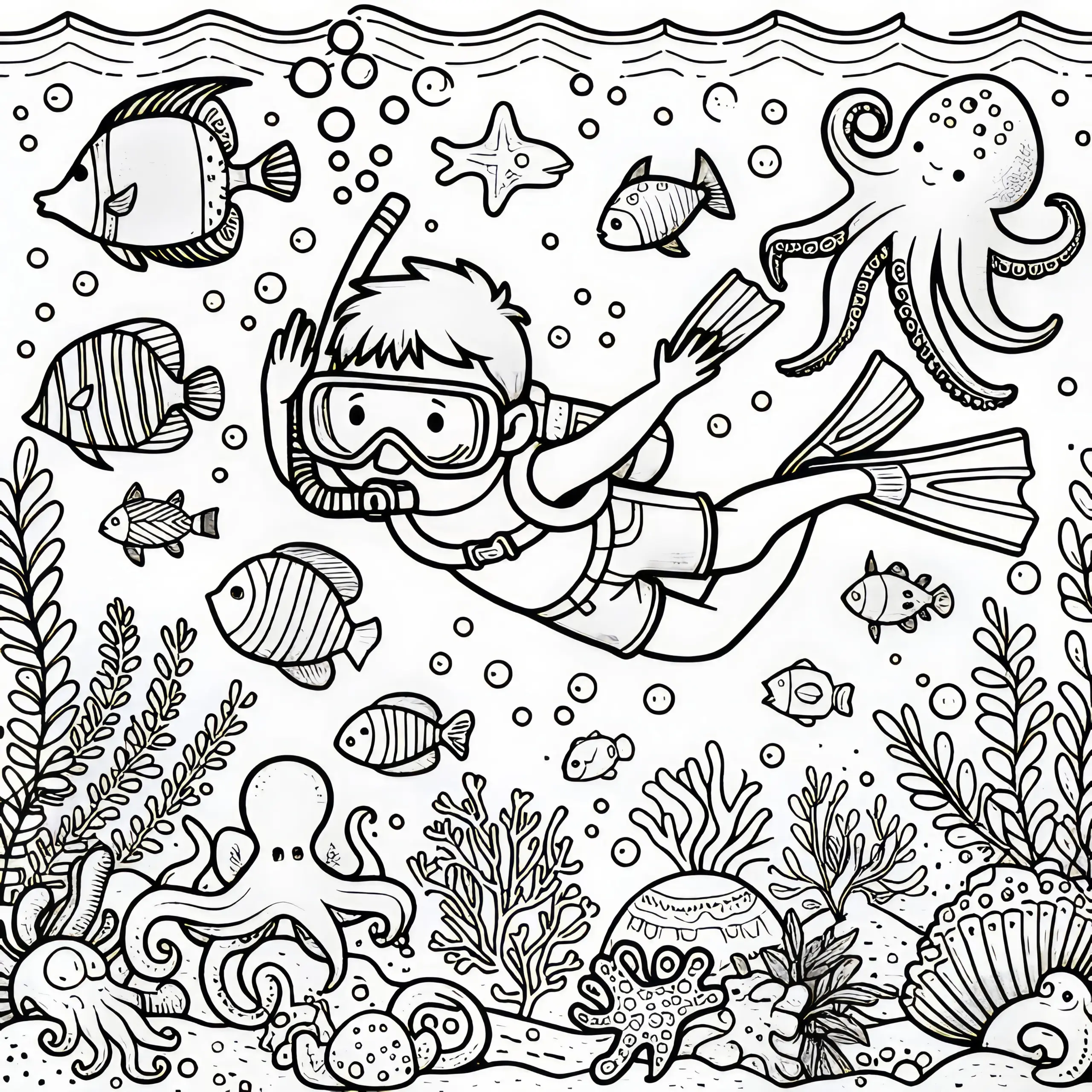 Fröhliches tauchen unter Wasser: Malvorlage zum Download (Gratis) (Ausmalbild)