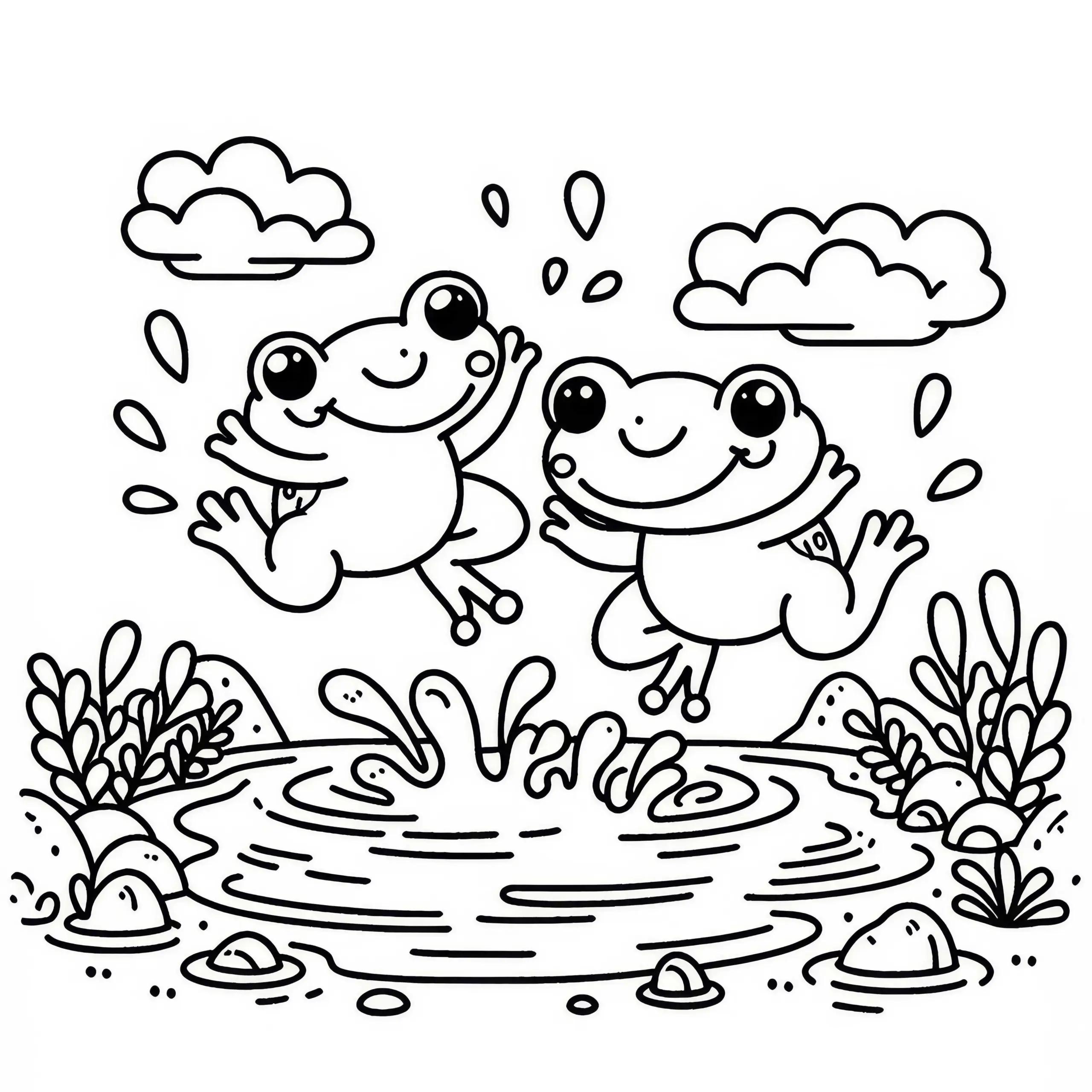 Frösche springen fröhlich im Teich herum: Ausmalbild zum Download (Gratis)