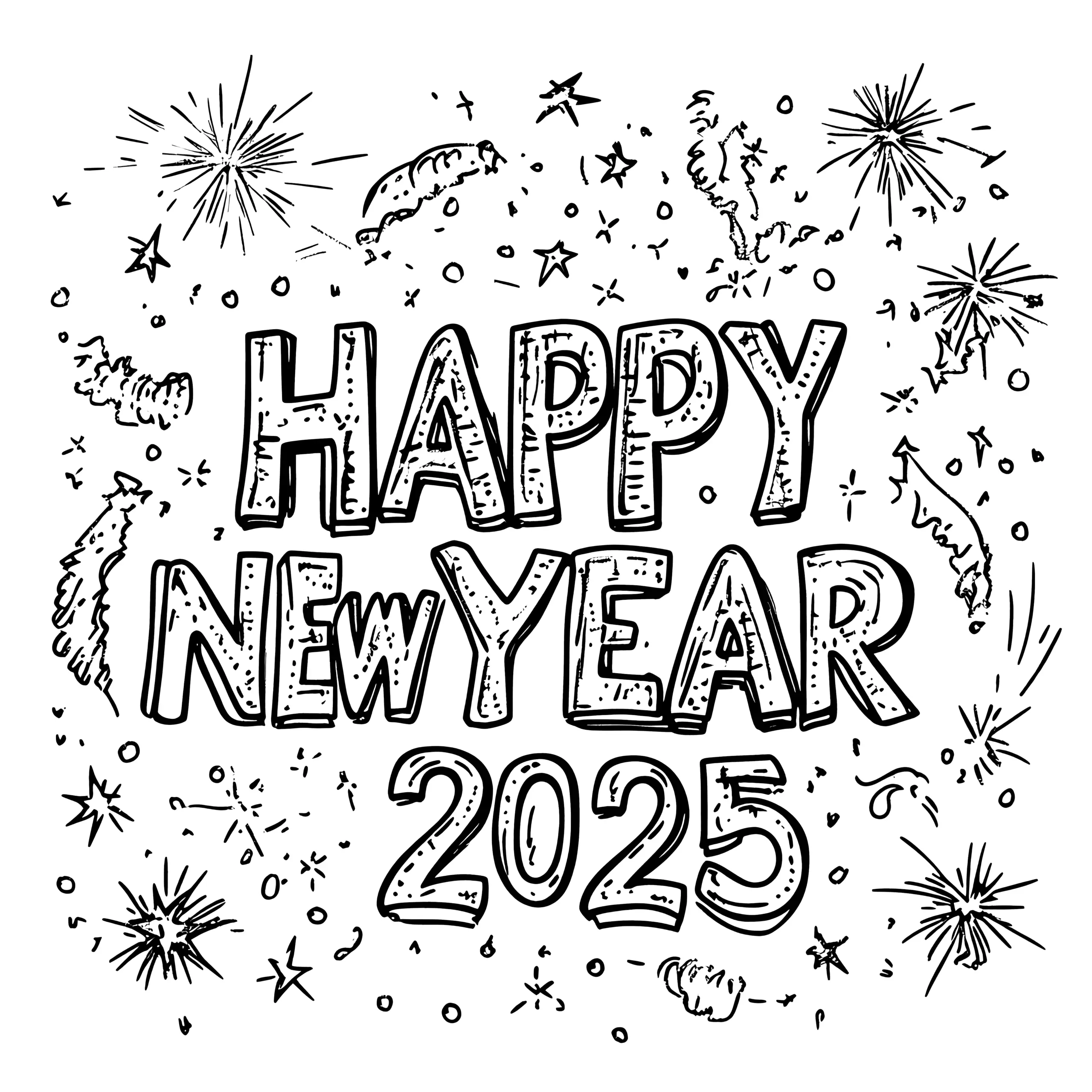 Frohes Neues Jahr 2025: kostenloses Ausmalbild