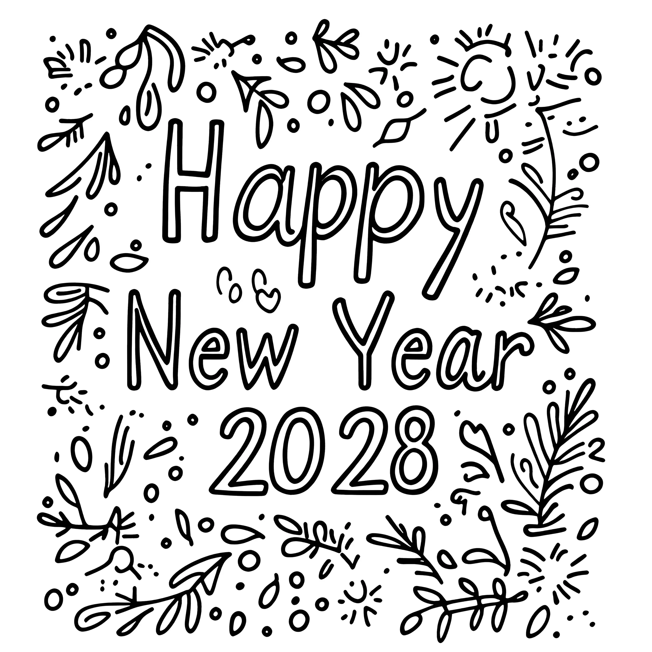 Frohes Neues Jahr 2028: festlicher Schriftzug zum Ausmalen (Ausmalbild)