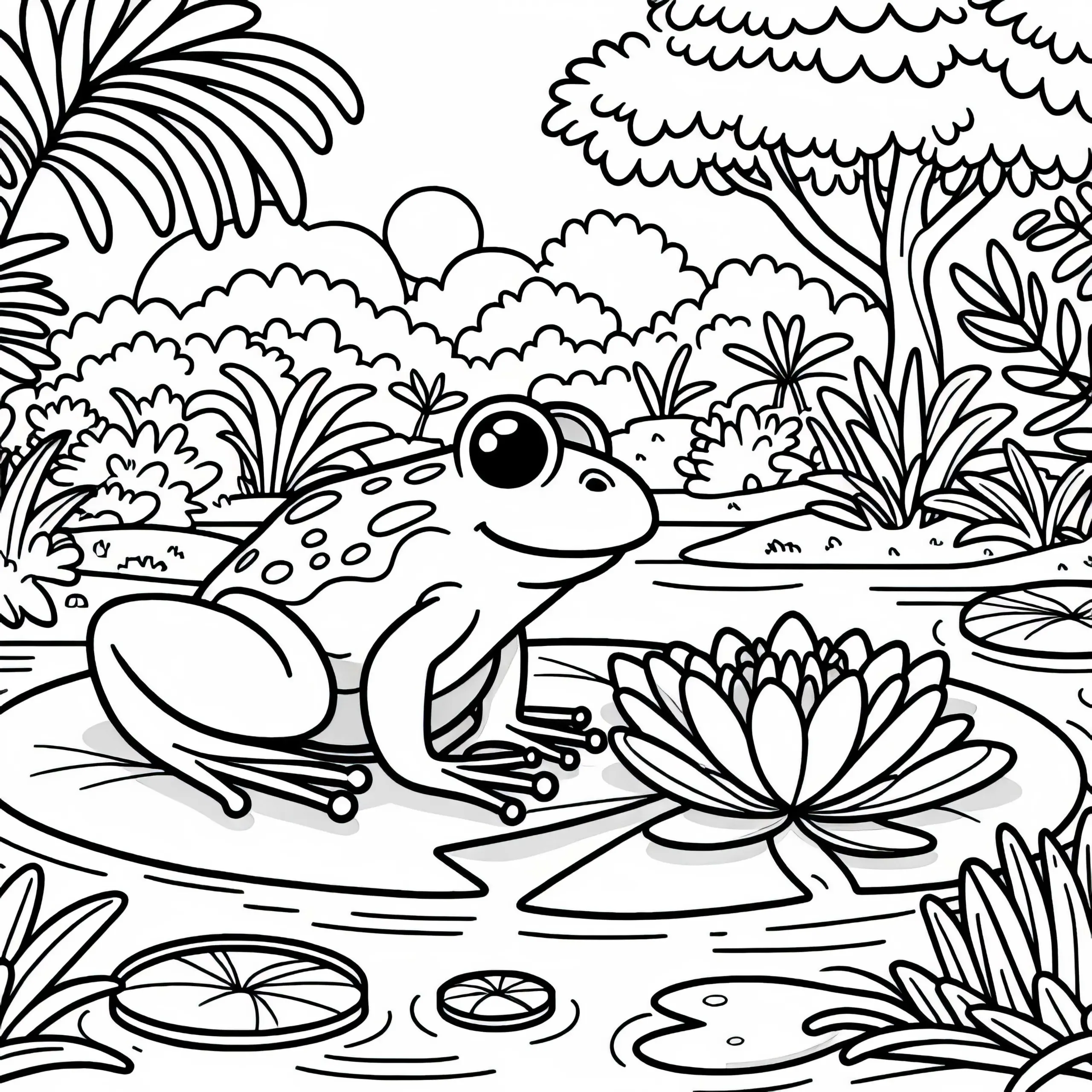 Frosch auf Seerose im Dschungel: kostenloses Ausmalbild