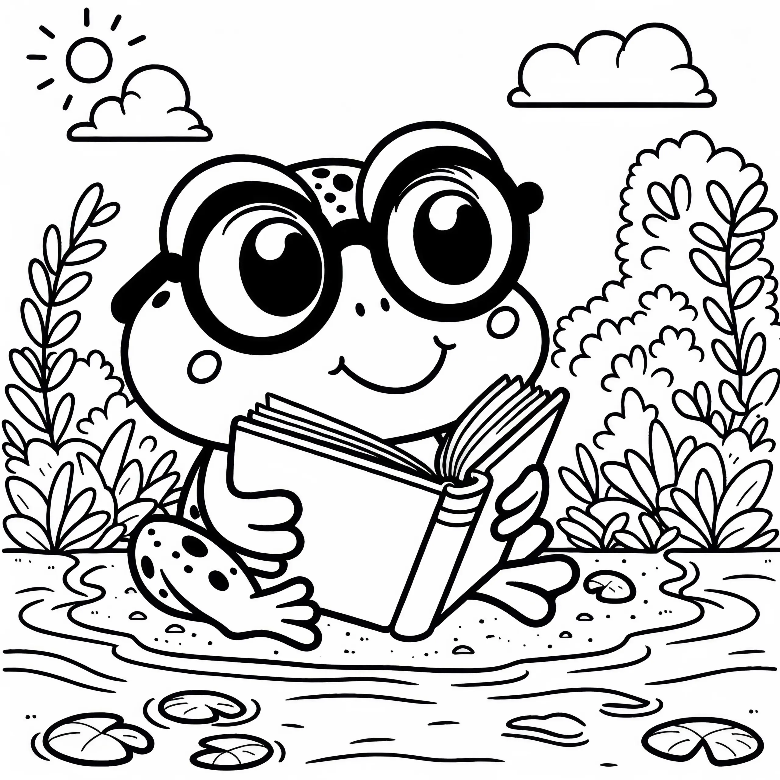 Frosch mit Brille liest ein Buch: Ausmalbild für Kinder (Kostenlos)