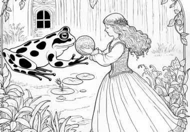 Frosch bringt Kugel zurück und fordert Gegenleistung – Ausmalbild Froschkönig gratis